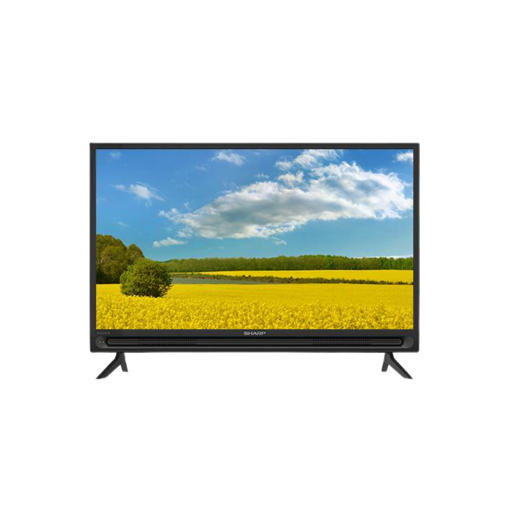 LED TV displaying a scenic landscape on a white background