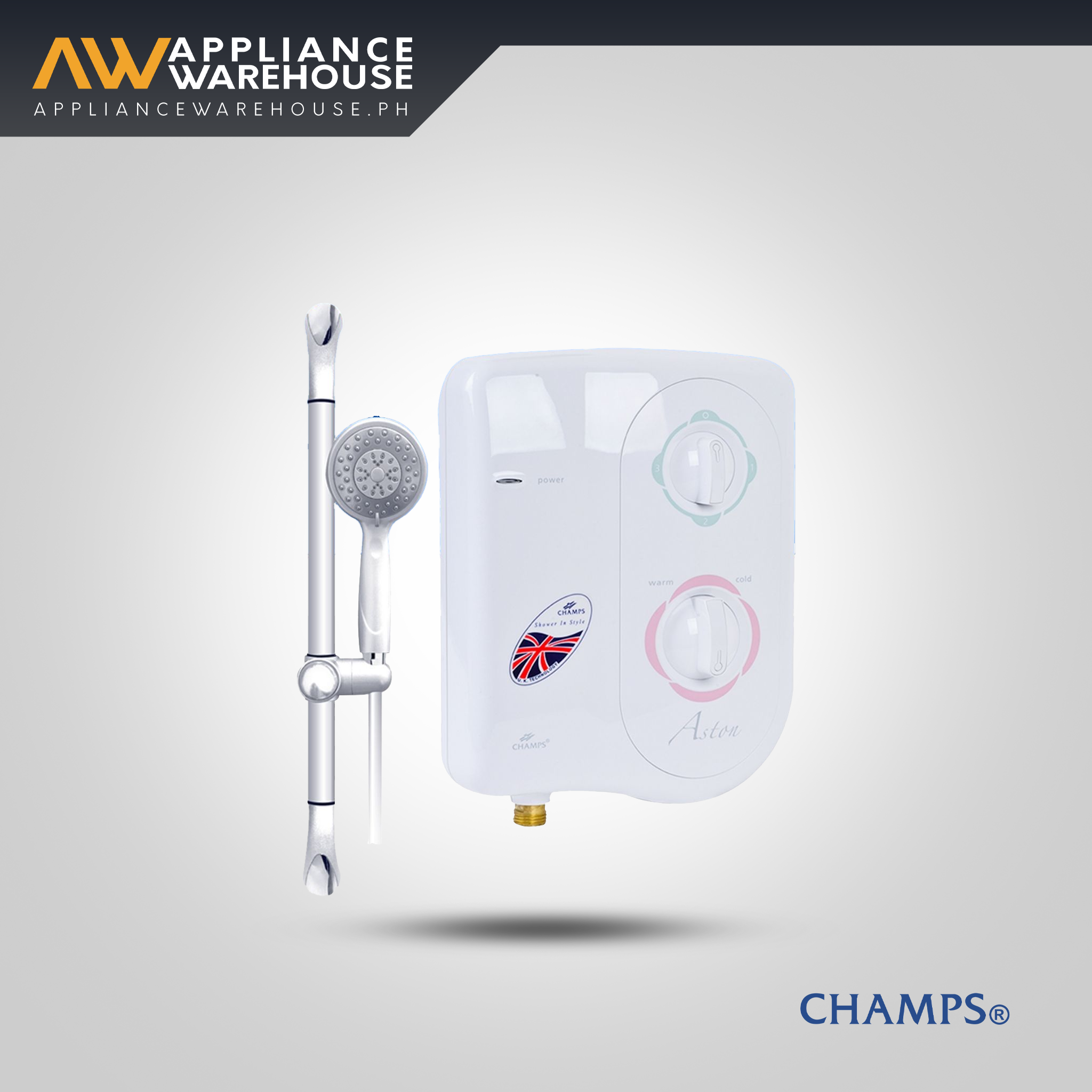 White water heater with shower head on a light gray background, featuring the Champs brand.