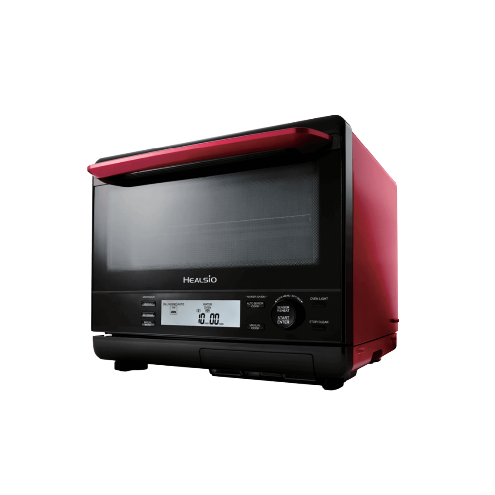Red and black microwave oven with digital display on a white background