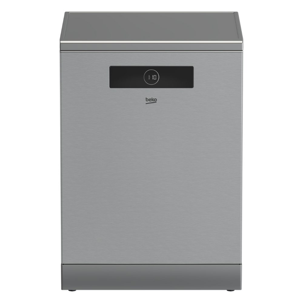 Gray dishwasher with a digital display on a white background