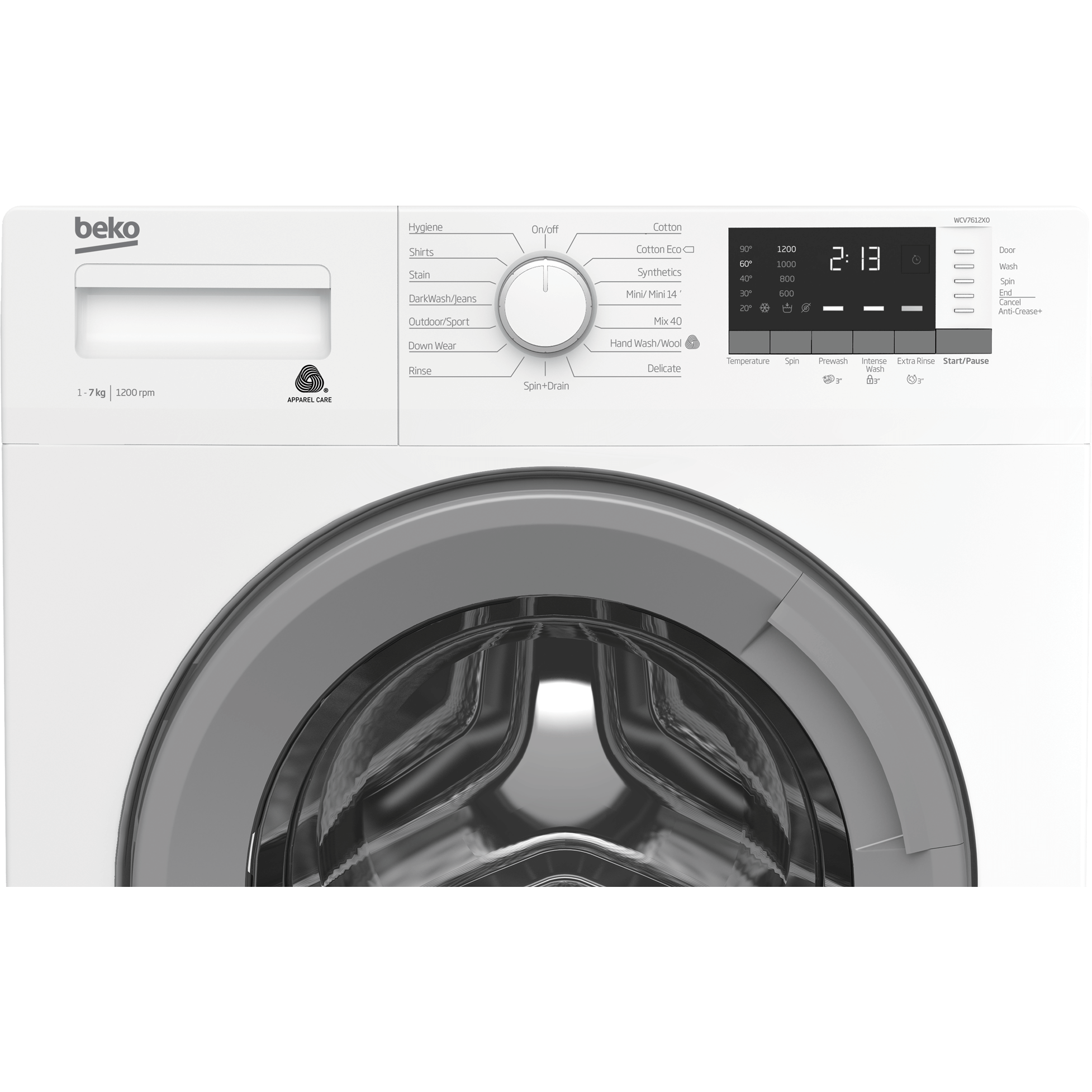 Beko washing machine with control panel and digital display on a white background
