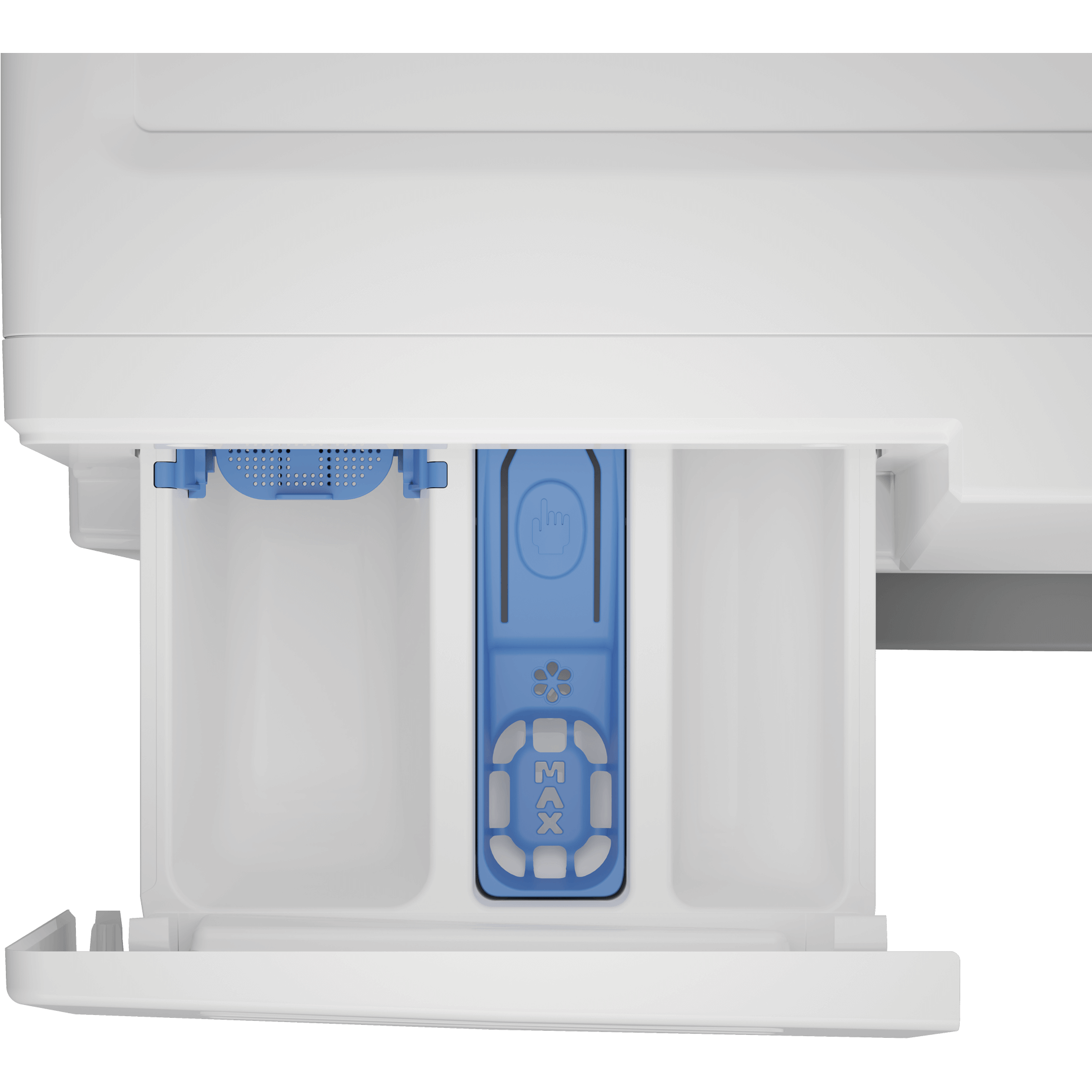 Close-up of a white electronic device with blue MAX indicator on a white background