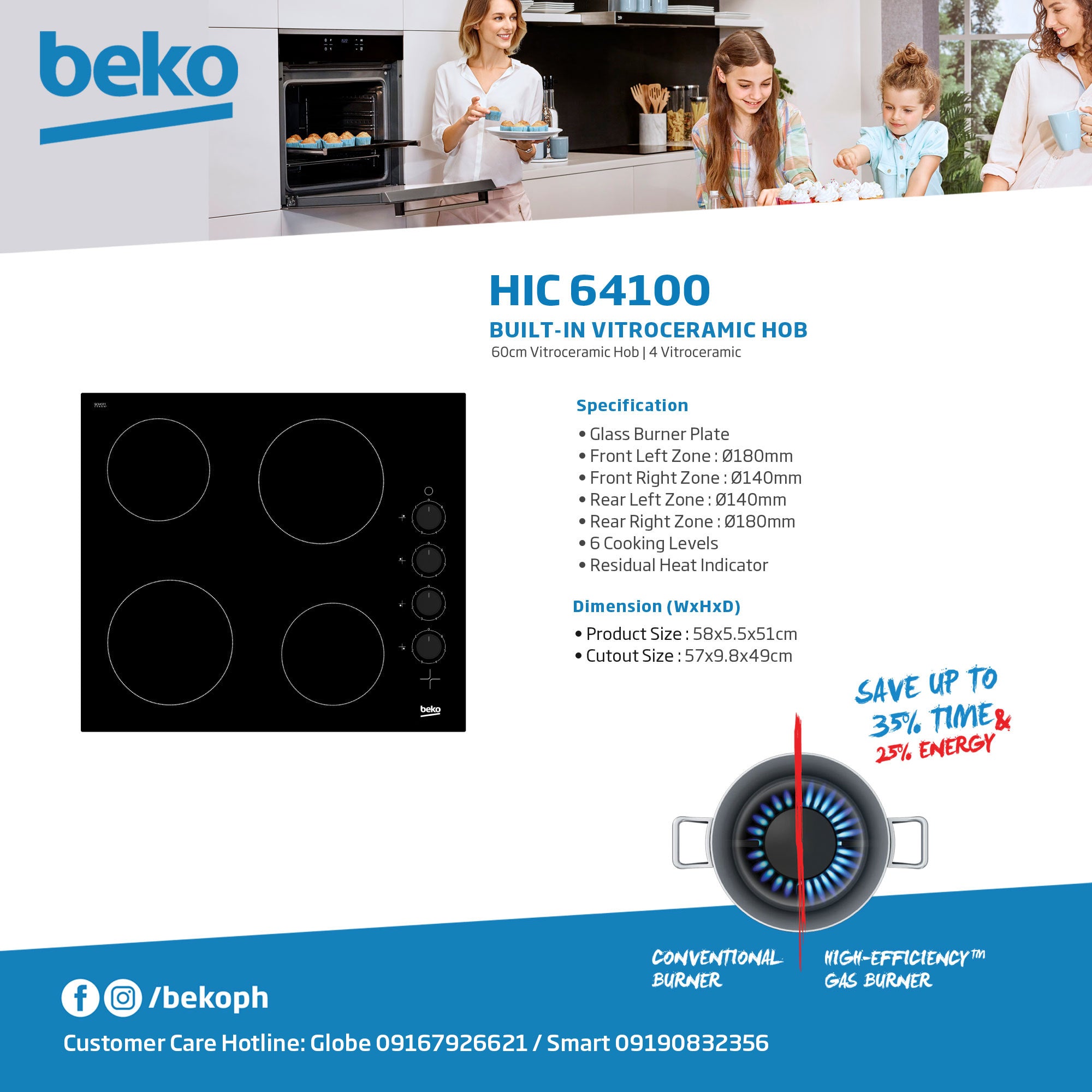 Beko Built-In Hob 60 cm, 4 Vitroceramic Hob Electric Hob HIC64100 - 2