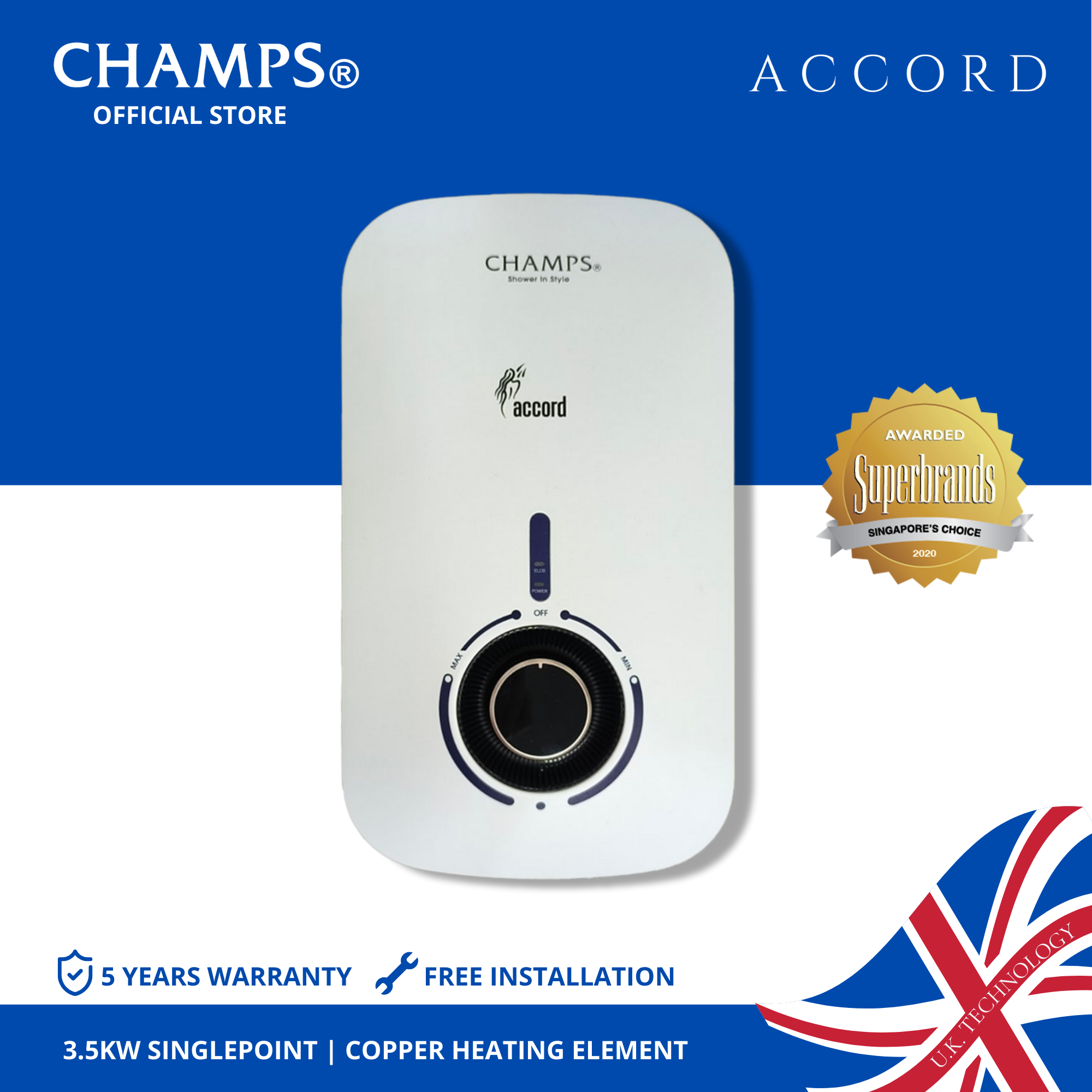 Champs Accord 3.5 Kw Singlepoint Instant Water Heater (White) (1)