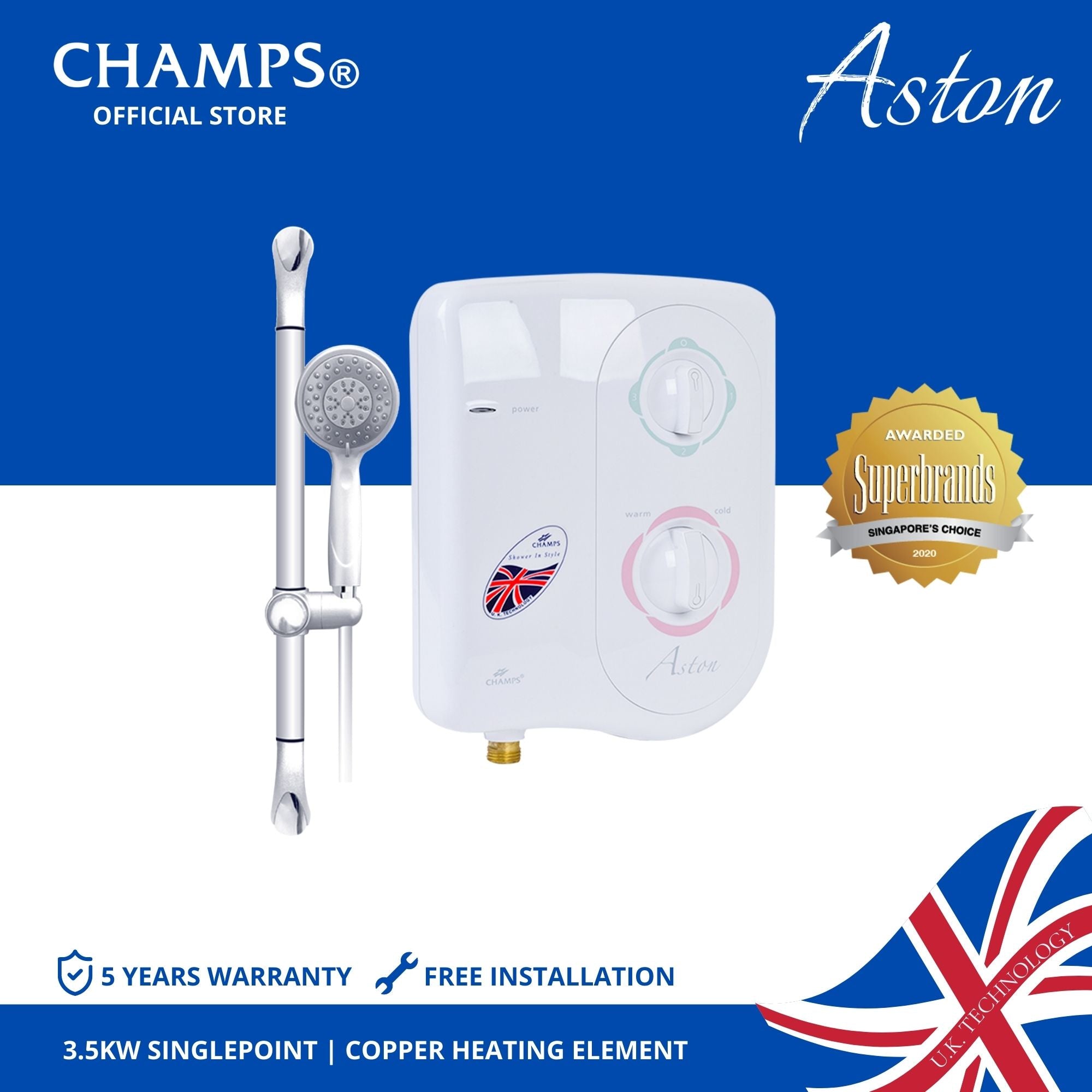 Champs Aston 3.5Kw Singlepoint Instant Shower Water Heater (White)