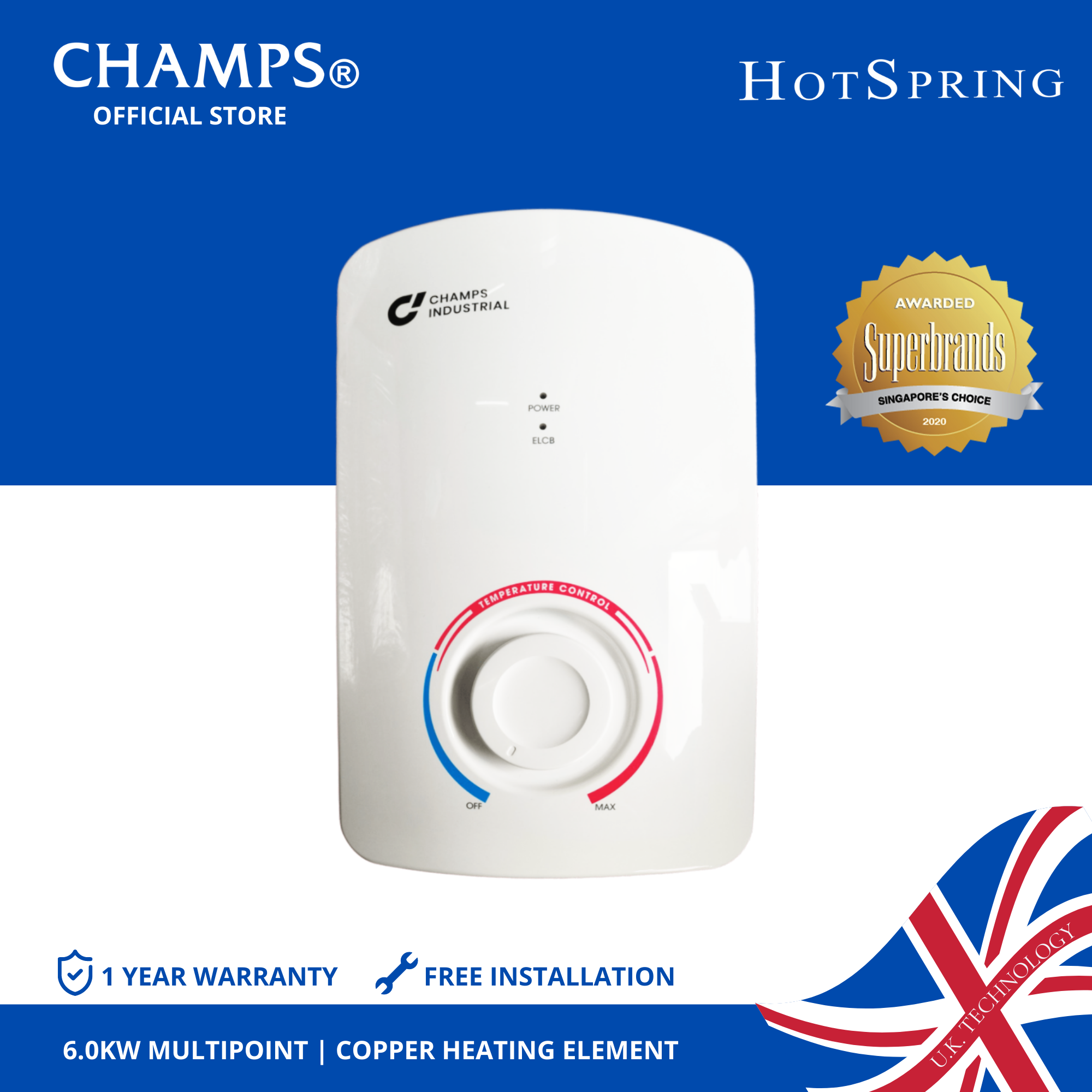 Champs Hotspring 5.6 Kw Multipoint Instant Shower Water Heater (3-Steps Control)