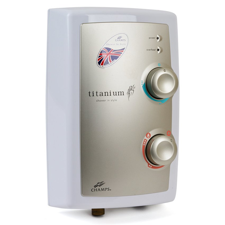 White and silver water heater with 'Champs' branding on a white background