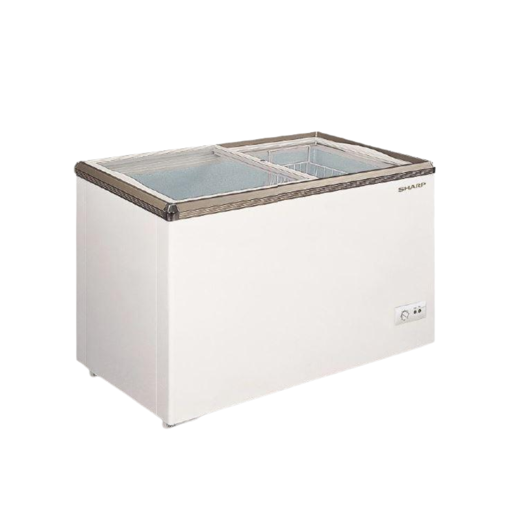 White freezer with glass door on a white background