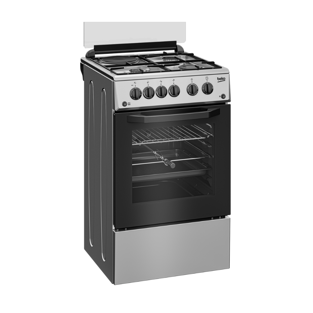 Stainless steel gas stove with black cooktop on a white background