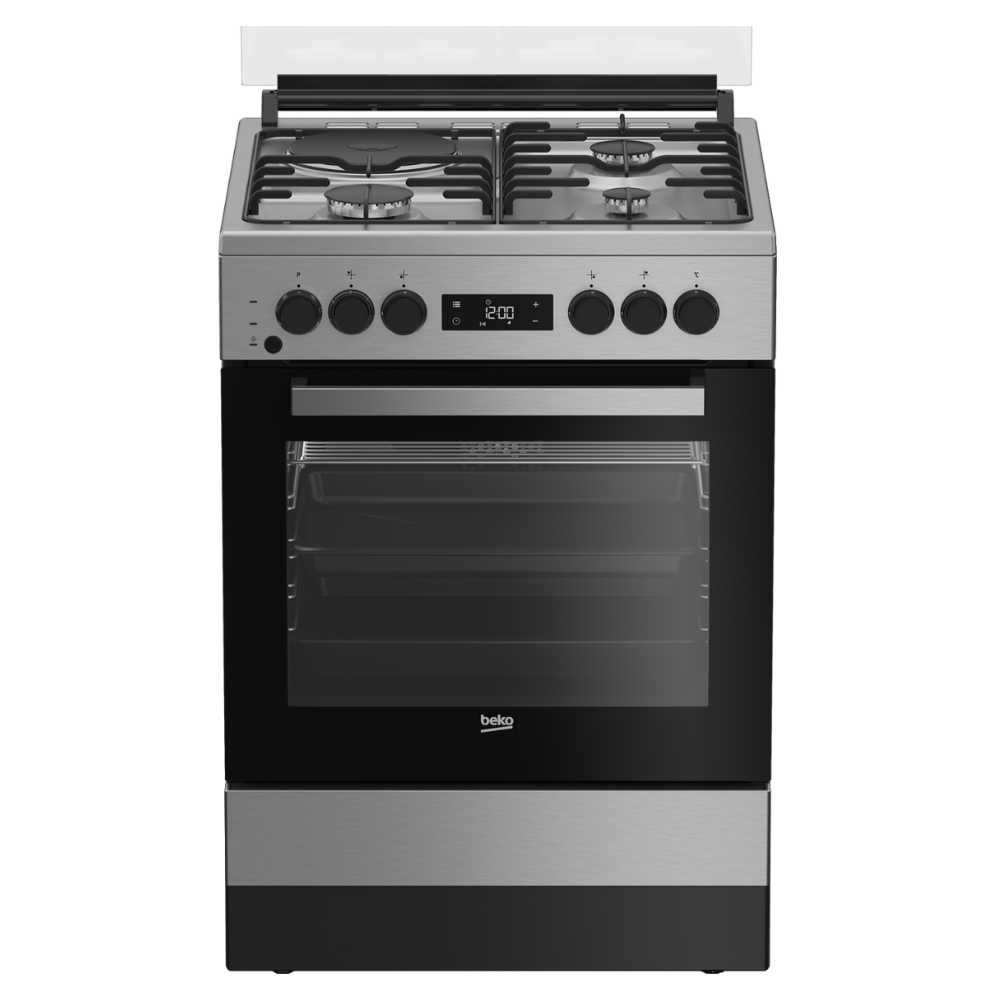 Stainless steel gas oven with black glass door on a white background