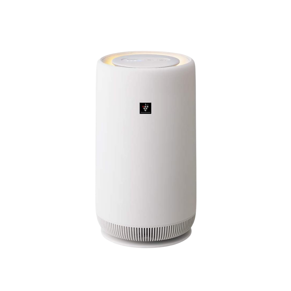 White cylindrical air purifier on a white background
