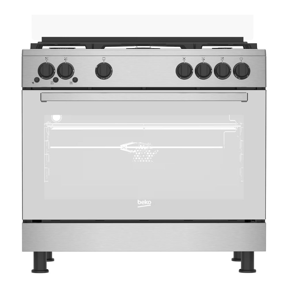 Stainless steel Beko range cooker on a white background