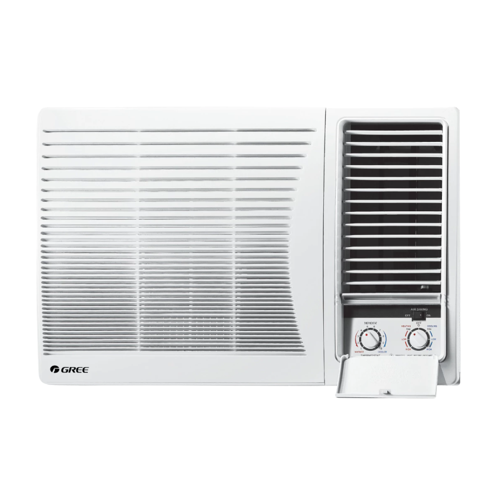 White wall-mounted air conditioner with control panel on a white background