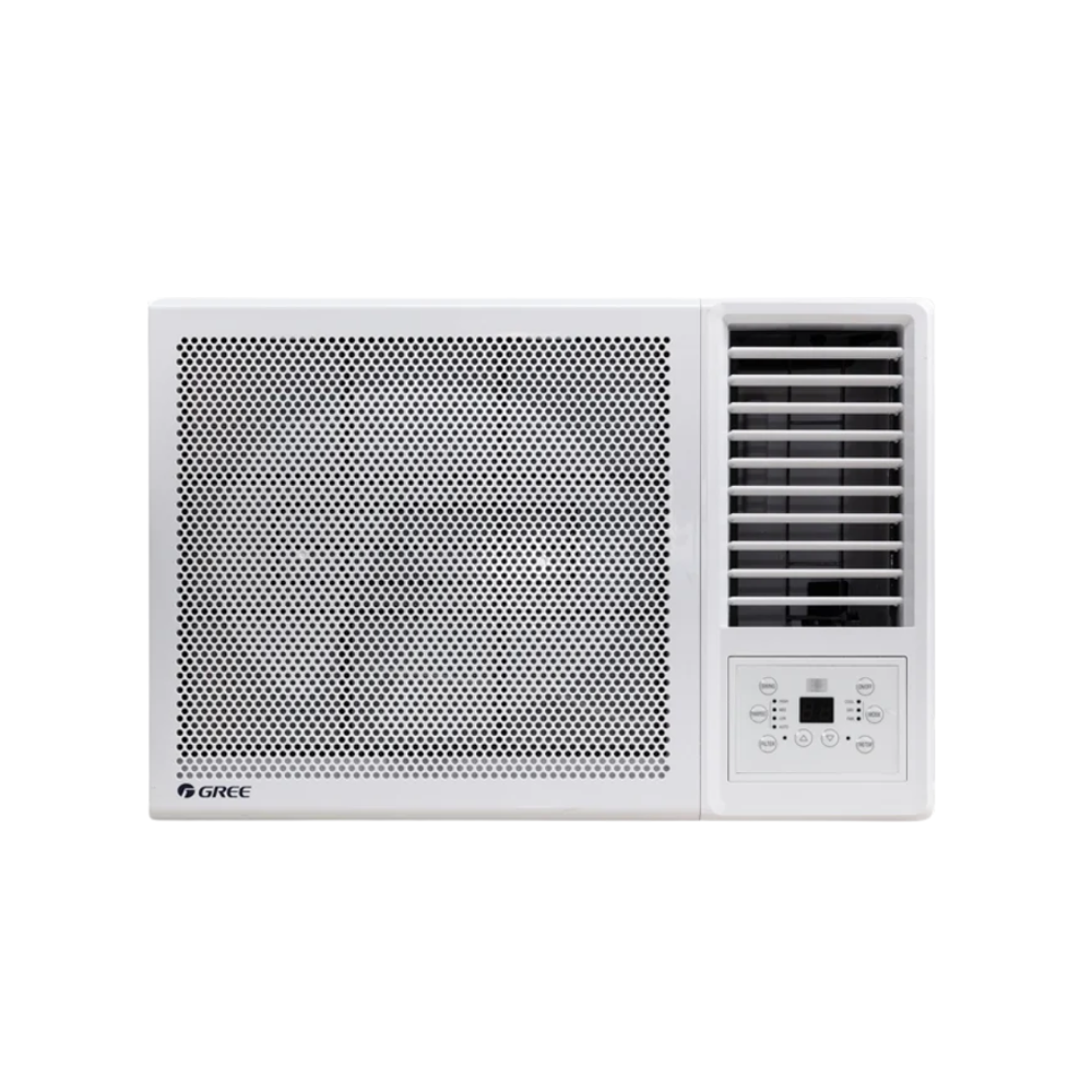 Window air conditioner with a white frame on a white background