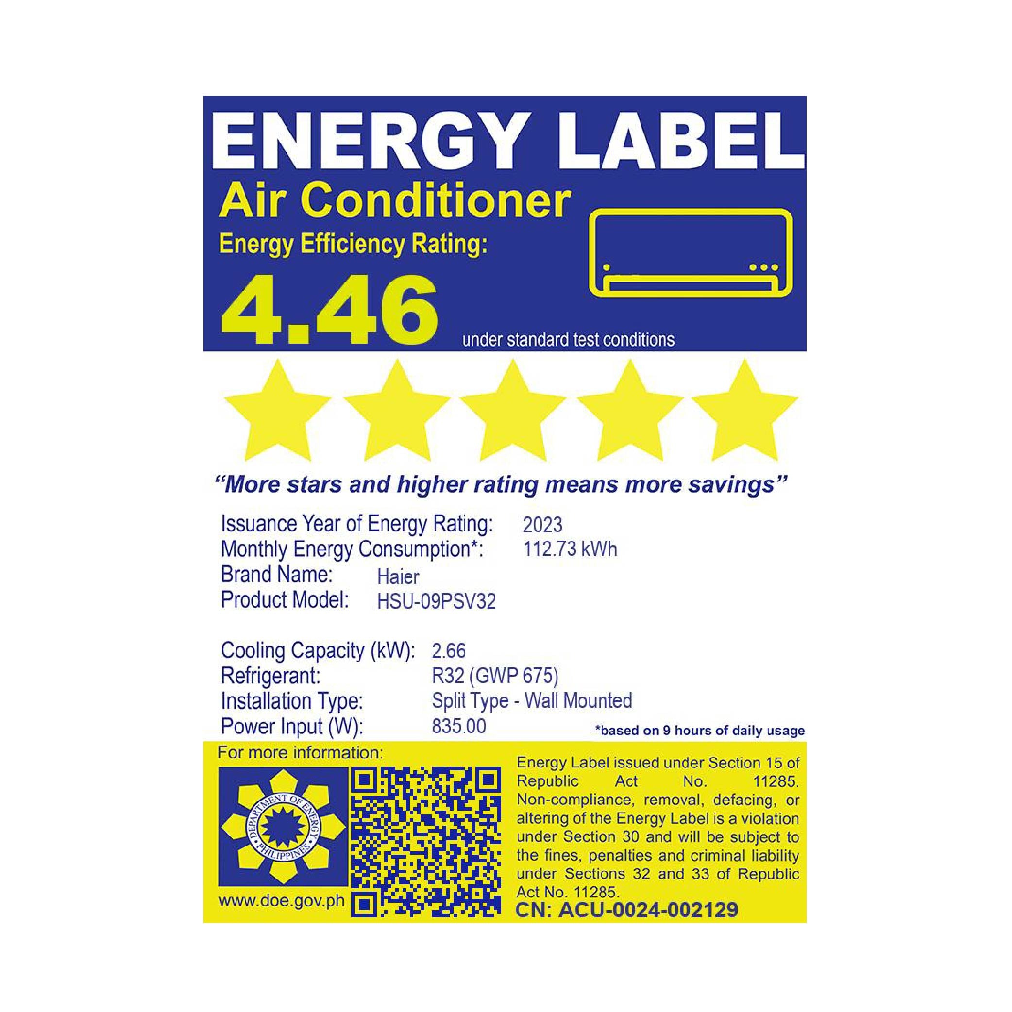Energy label for an air conditioner with star rating and efficiency details.