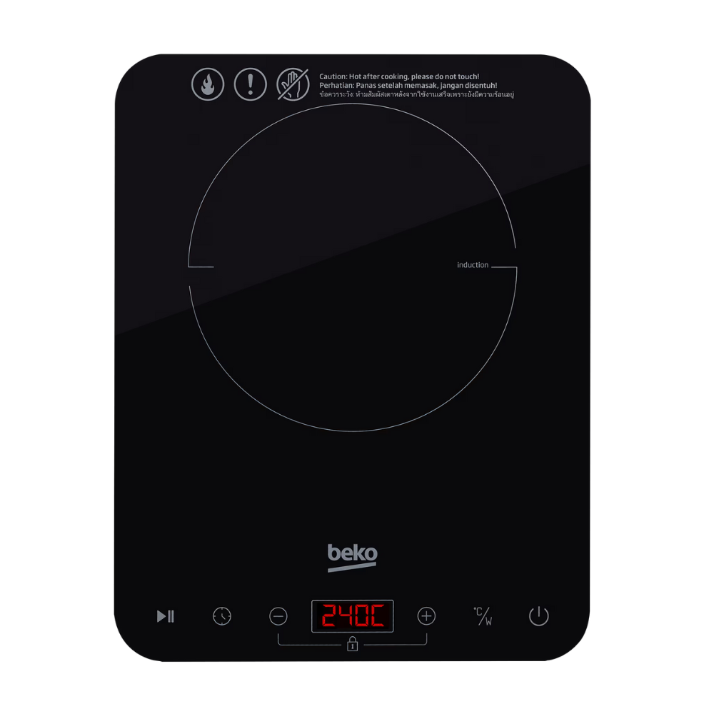 Black induction cooktop with digital display and Beko branding on a white background