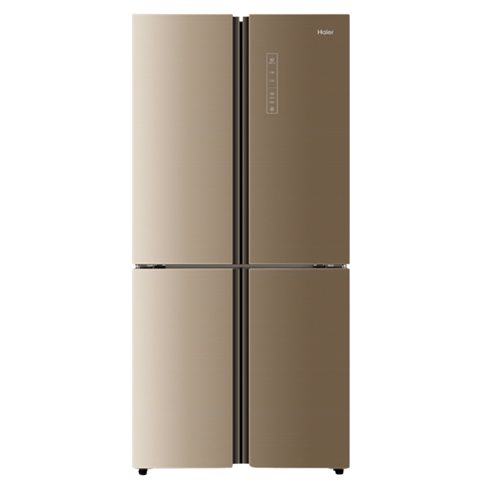 Beige refrigerator with black handles on a white background