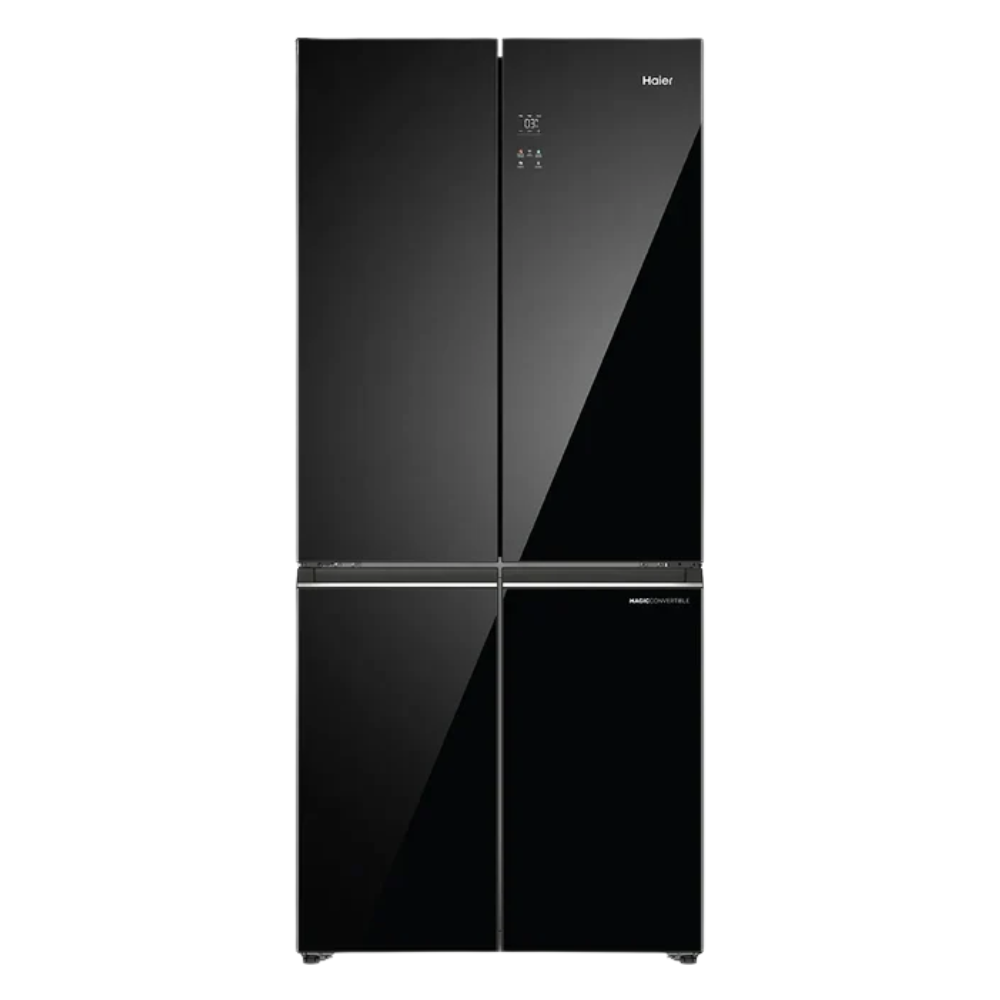 Black refrigerator with glass panels on a white background