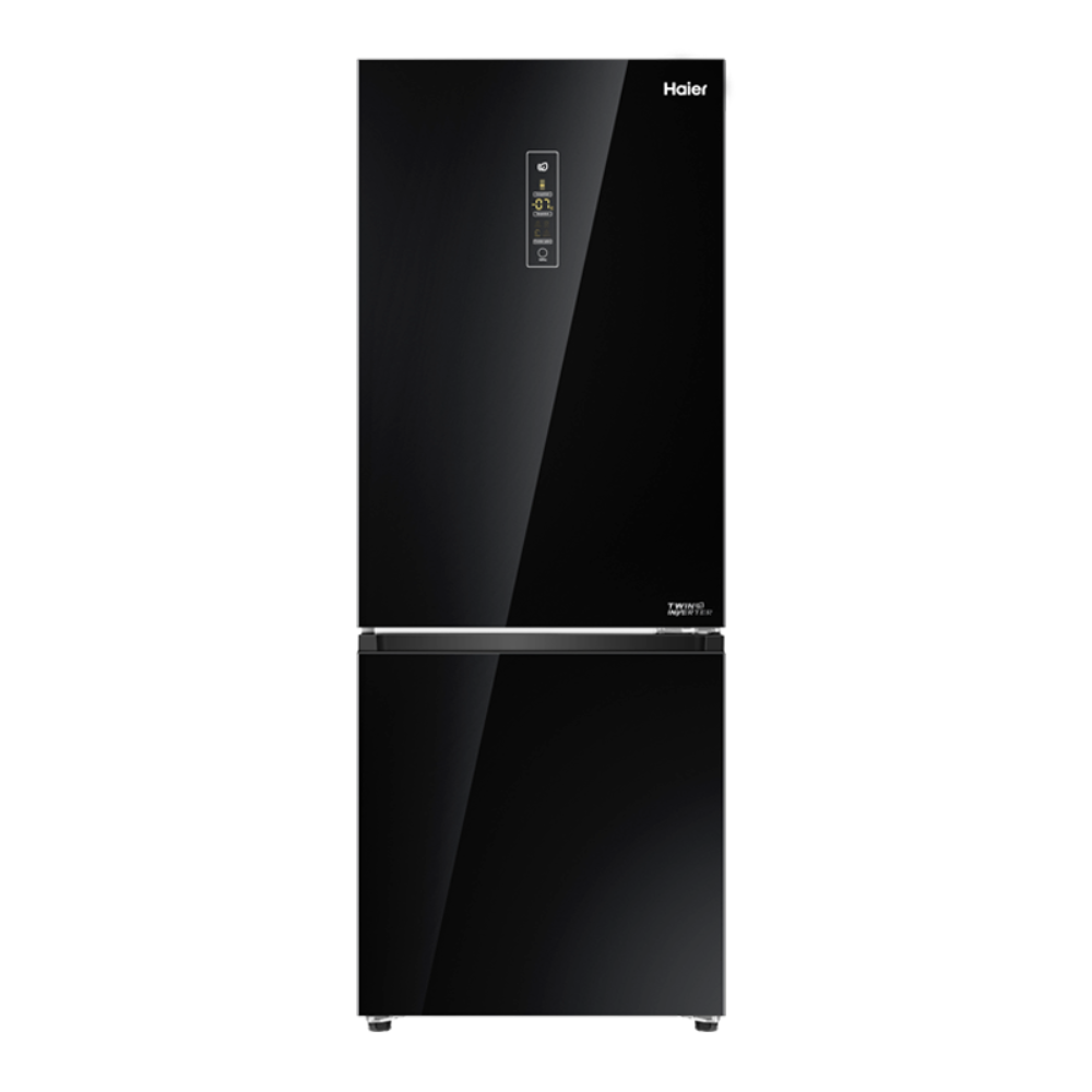 Black Haier refrigerator on a white background