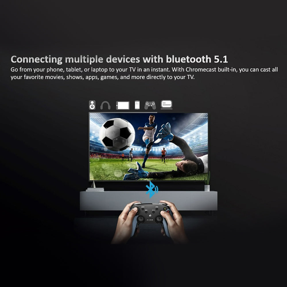 Television displaying a soccer game with text about Bluetooth 5.1 connectivity and Chromecast integration.