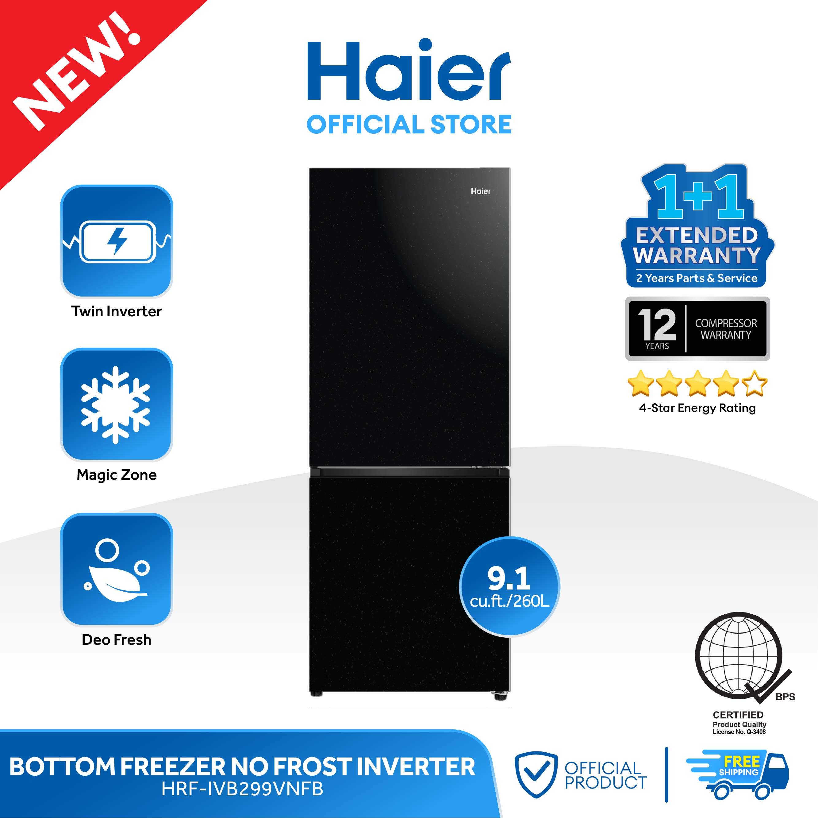 Haier refrigerator with features and certifications on a white background