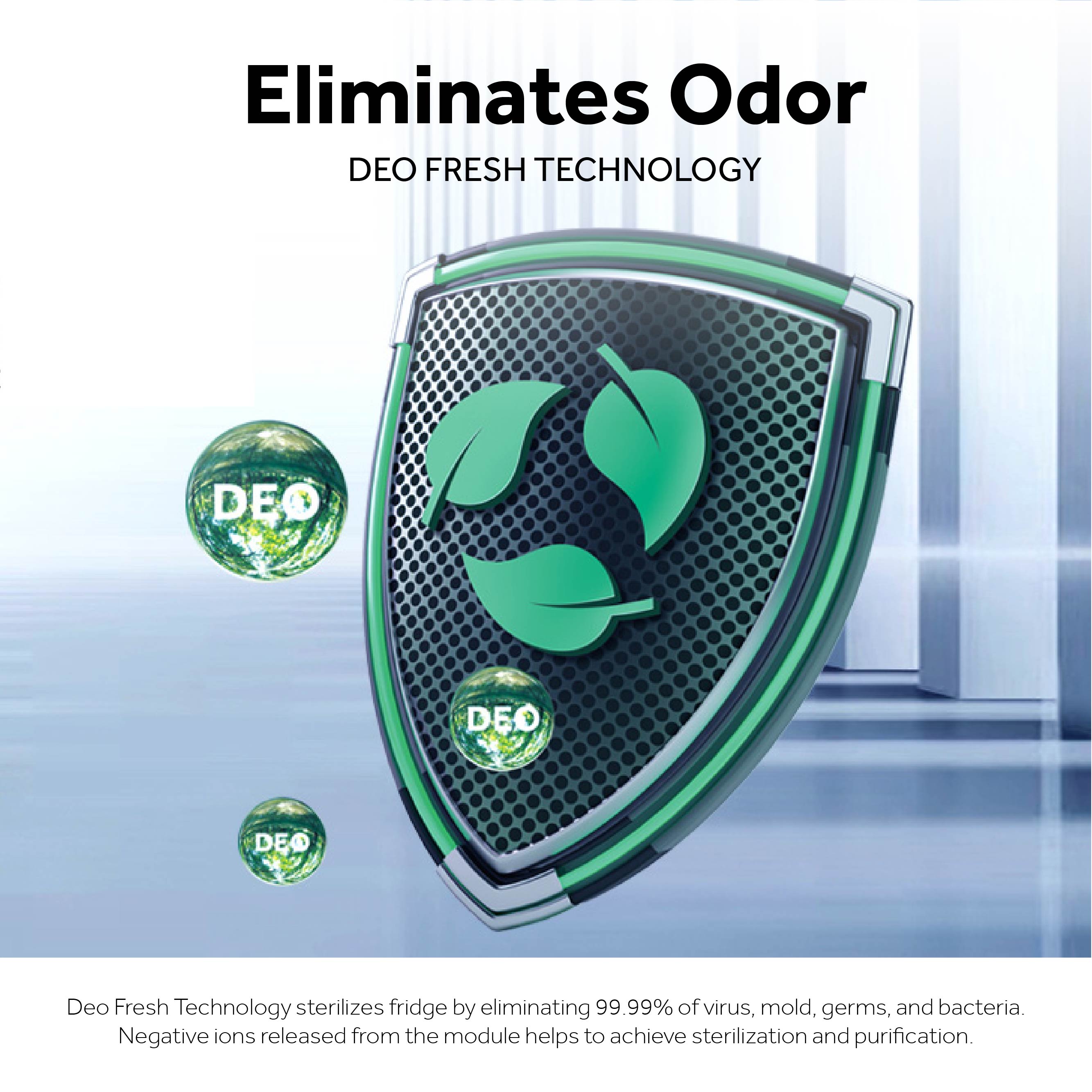 Deodorizer with green leaves and 'DEO' symbols on a white background