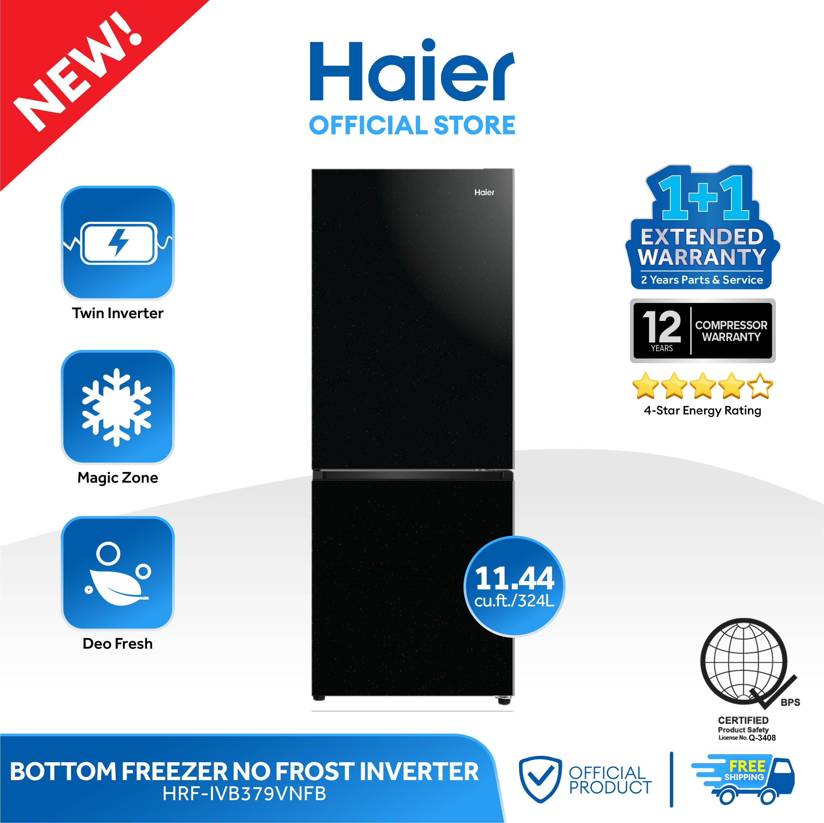 Haier refrigerator with features and certifications on a white background