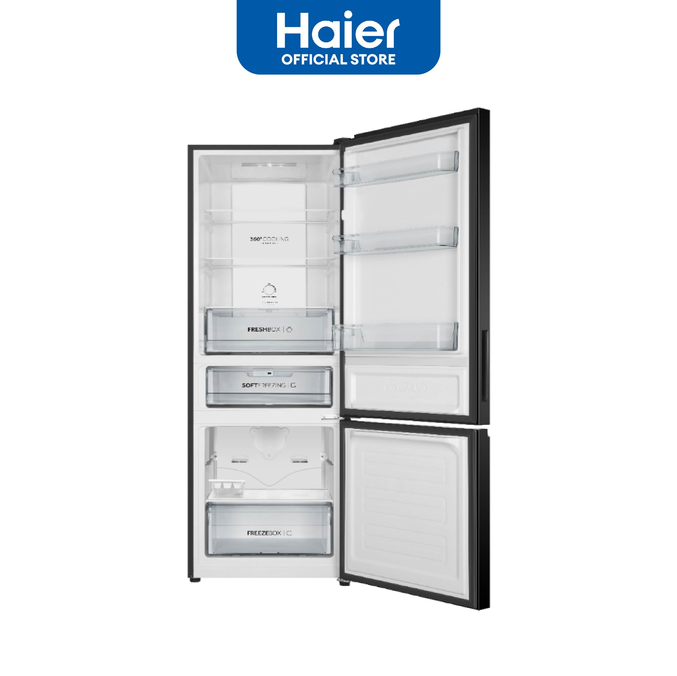 Haier refrigerator with open doors on a white background