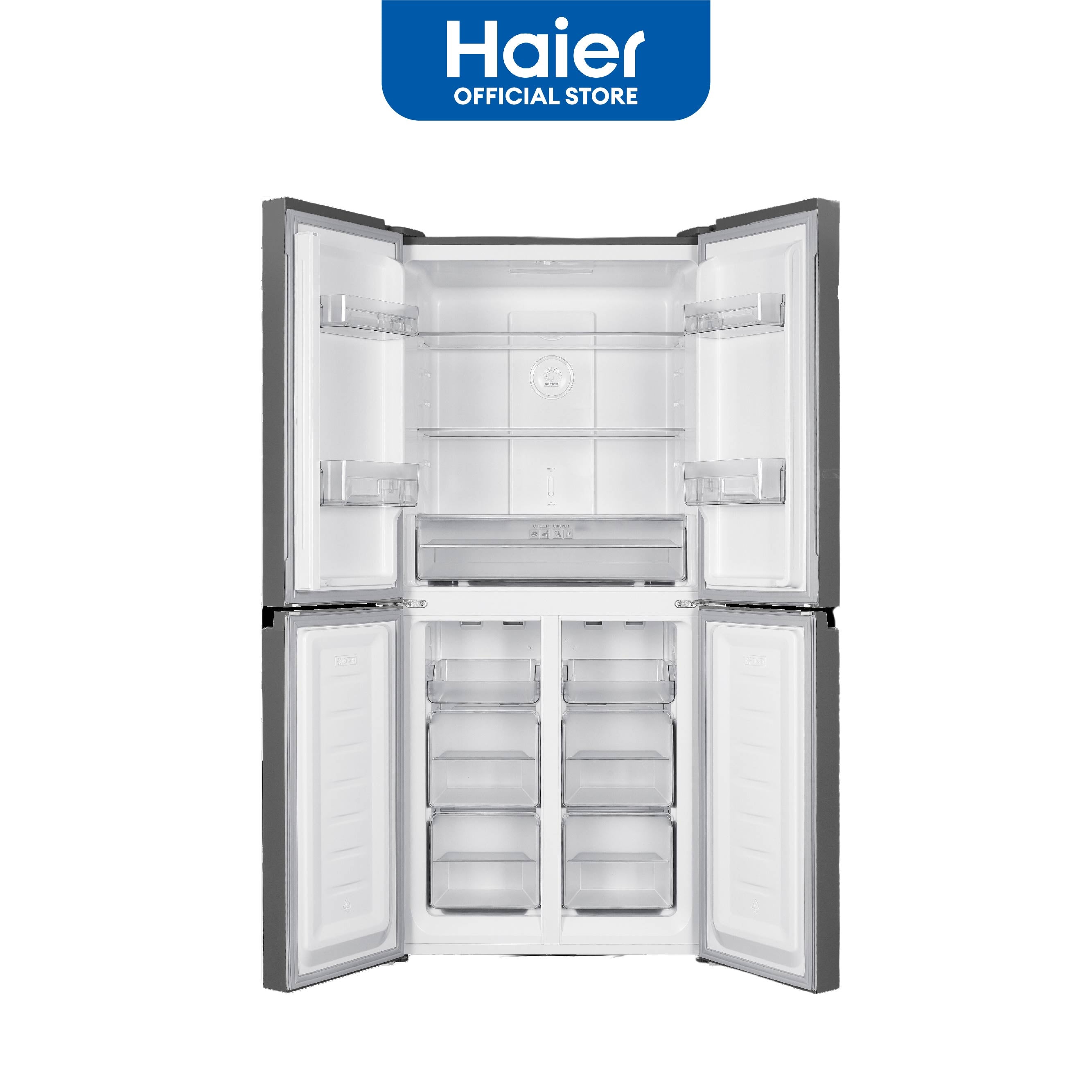 Haier refrigerator with open doors on a white background