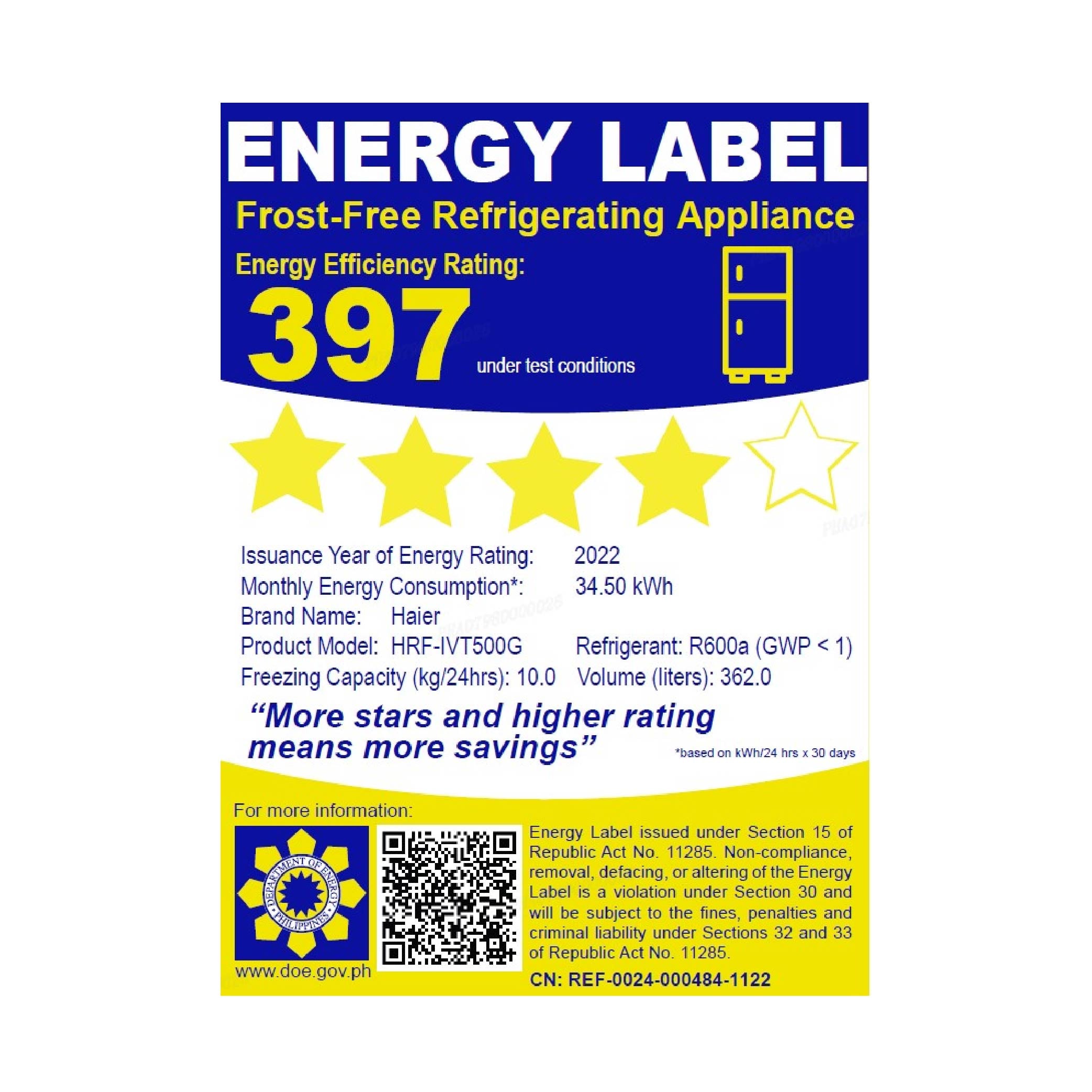 Energy label for a Frost-Free Refrigerating Appliance with rating details and certification information.