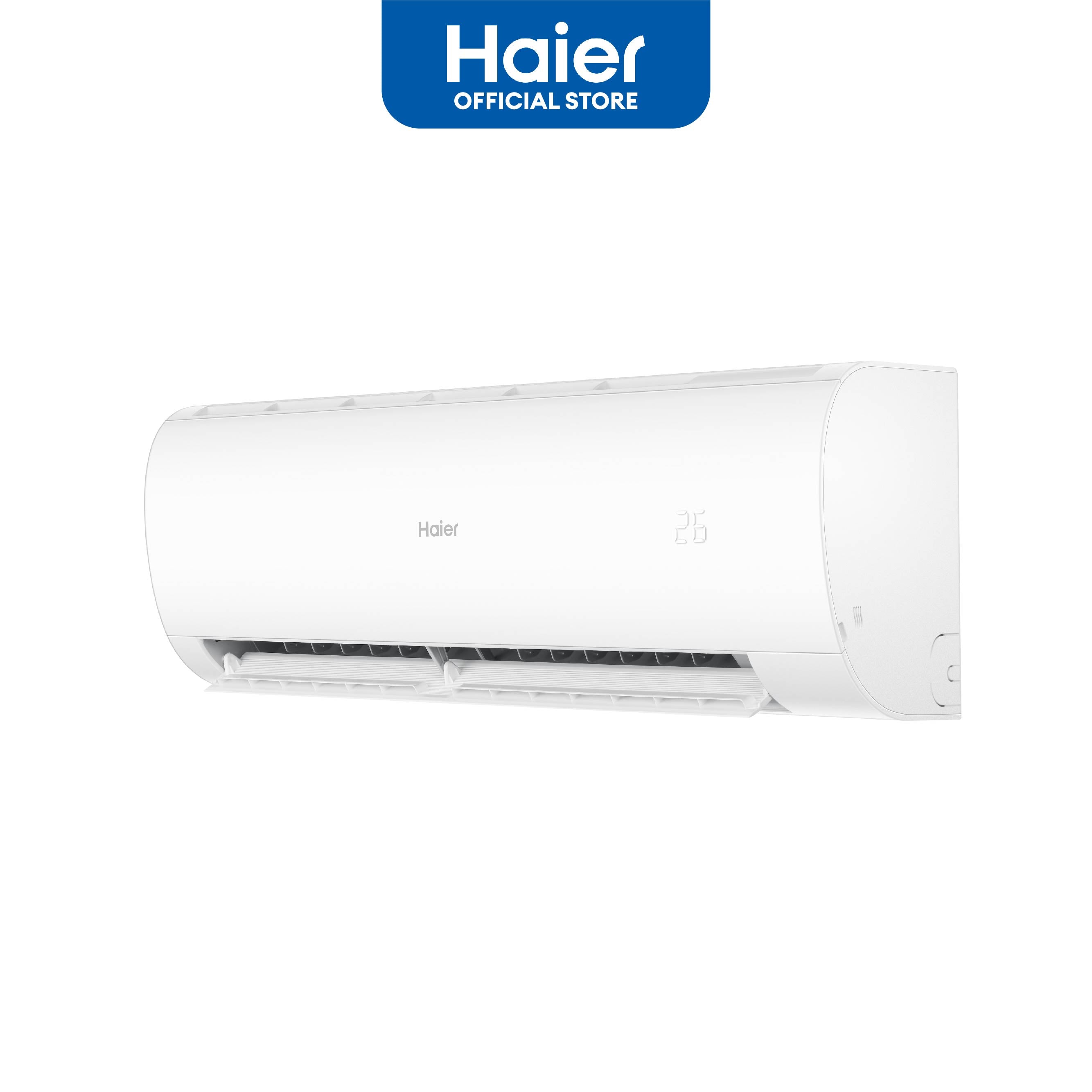 Haier air conditioner on a white background with Haier logo above.