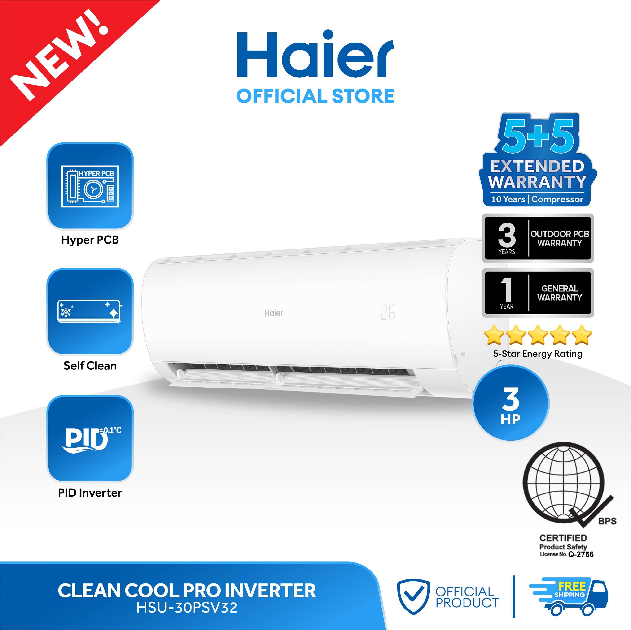 Haier air conditioner with features and warranties displayed on a white background