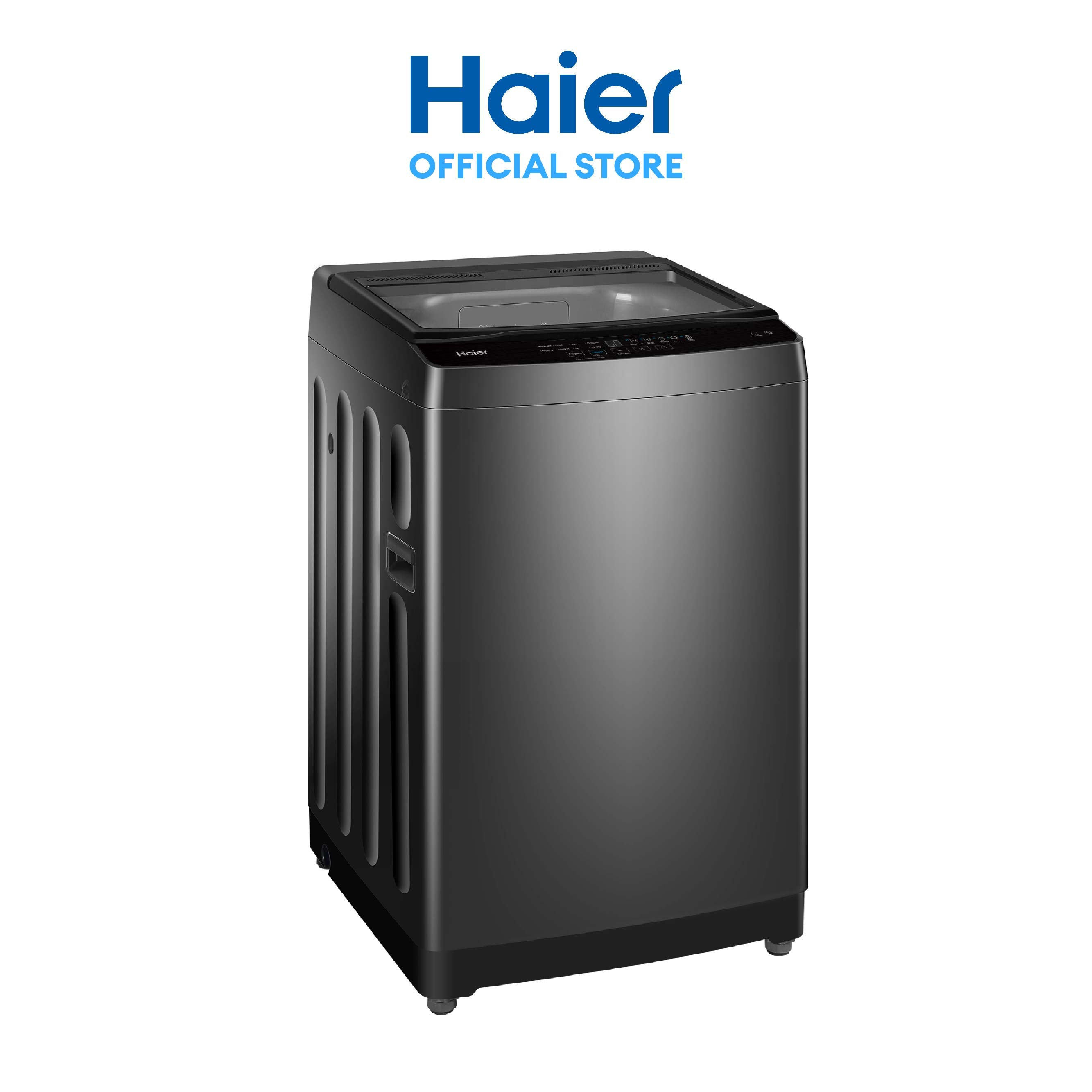 Black Haier washing machine on a white background