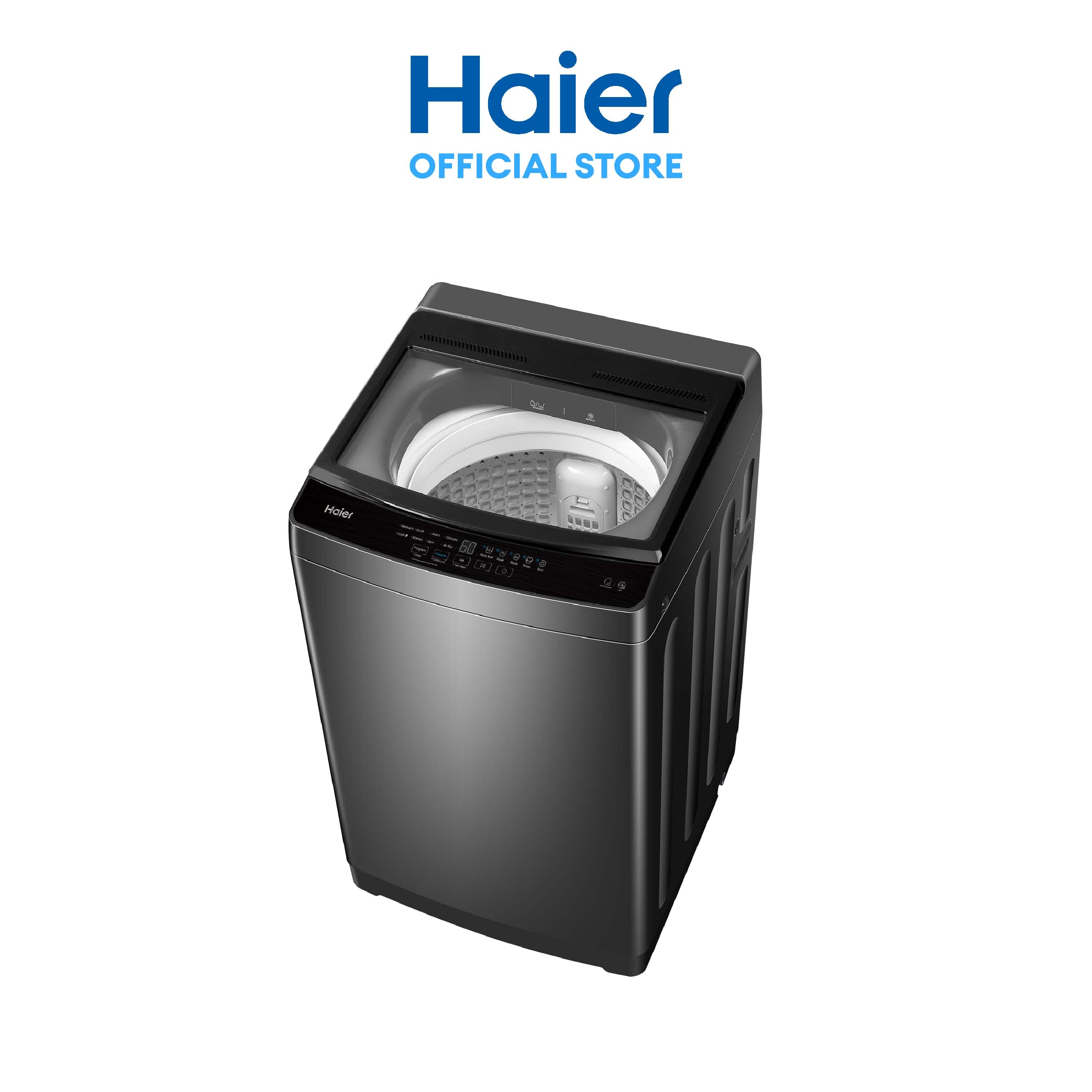 Haier washing machine on a white background with Haier logo above.
