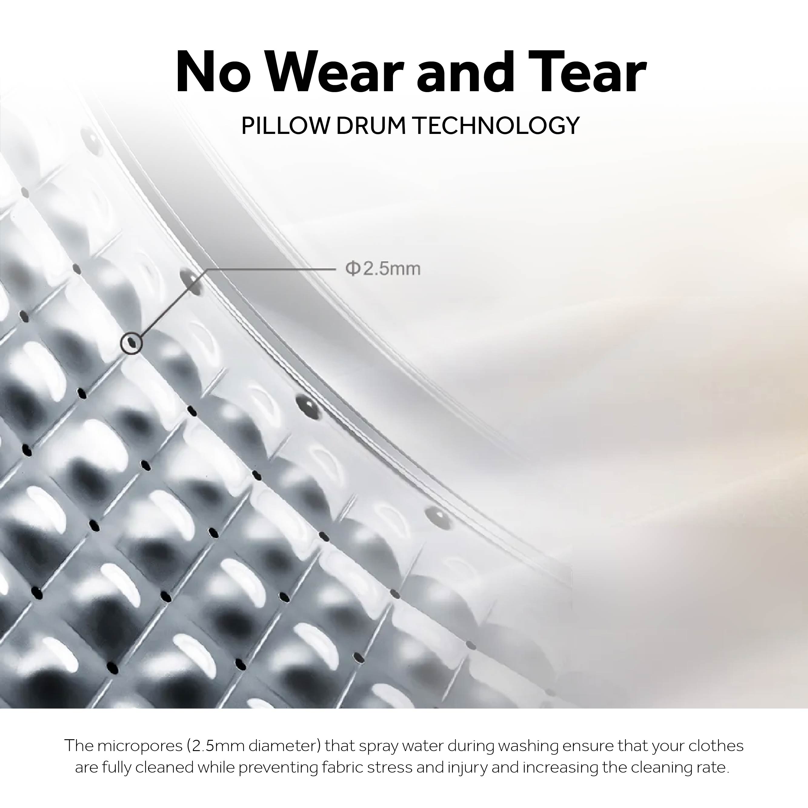 Close-up of a pillow with 'No Wear and Tear' text and 'PILLOW DRUM TECHNOLOGY' on a white background.