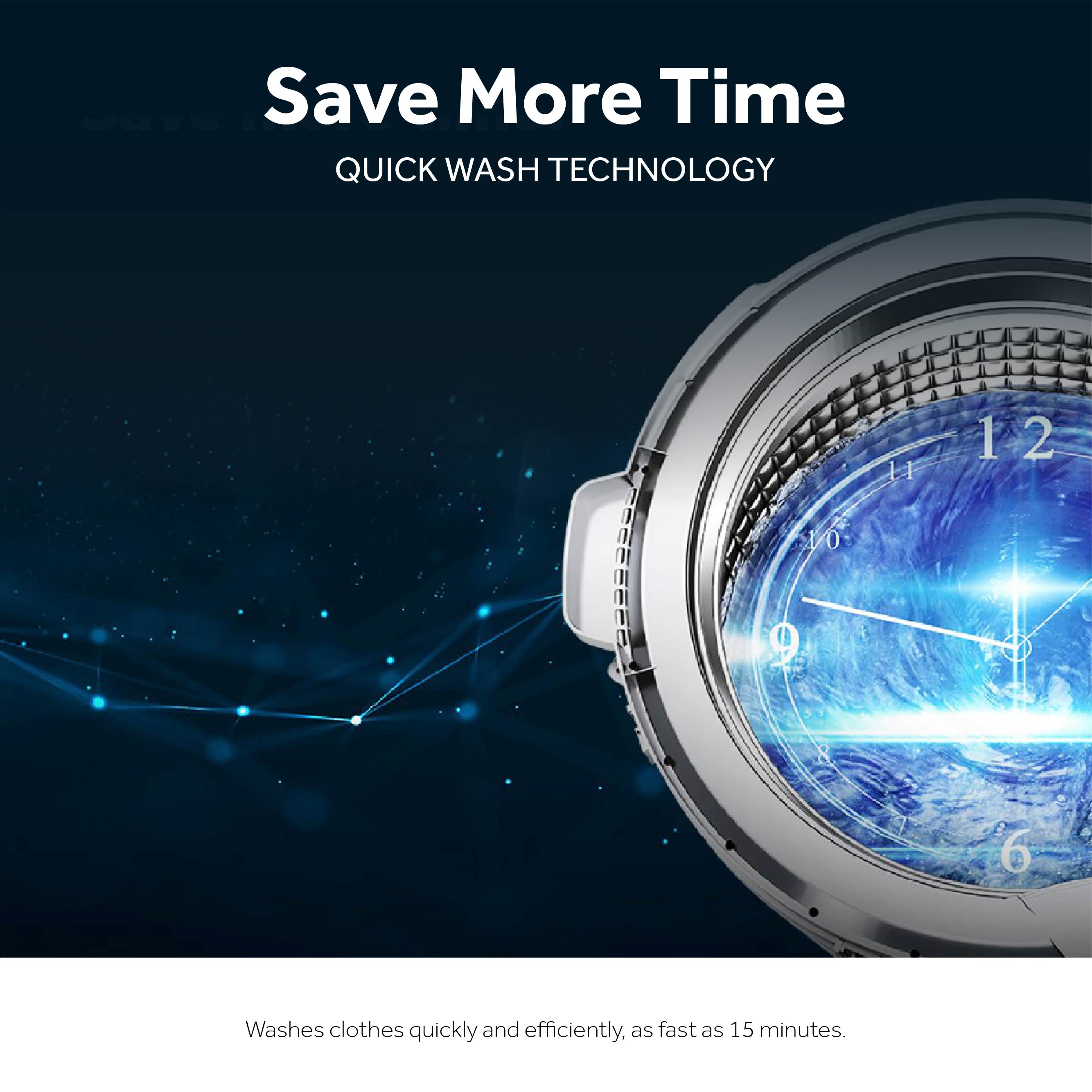 Washing machine with quick wash technology on a dark background