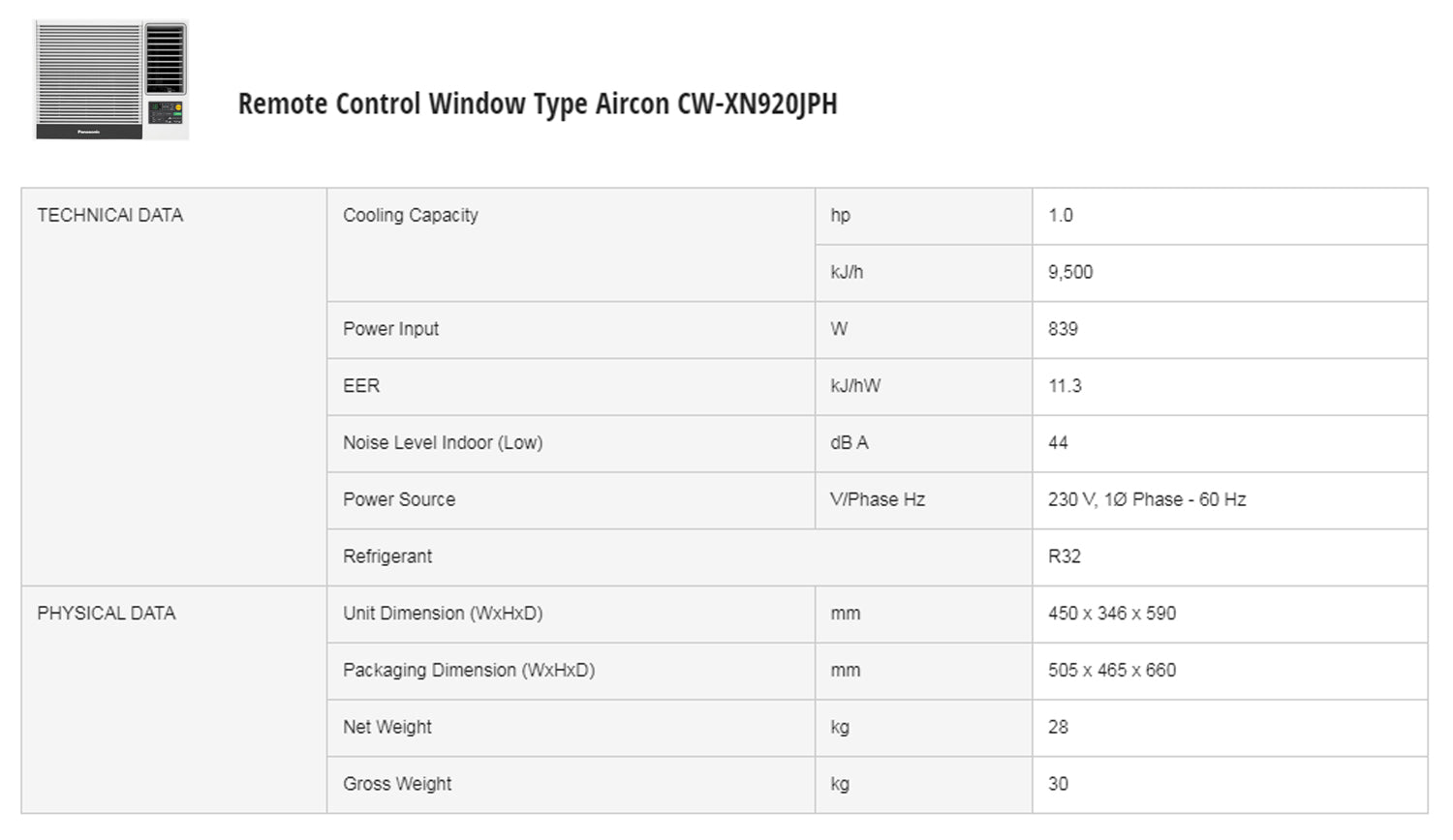 PanasonicCW-XN920JPH1.0HpDeluxeRemoteControlWindowTypeAircon-6