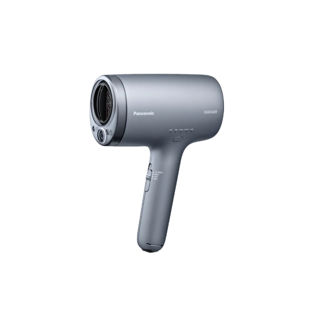 Gray Panasonic hair dryer on a white background