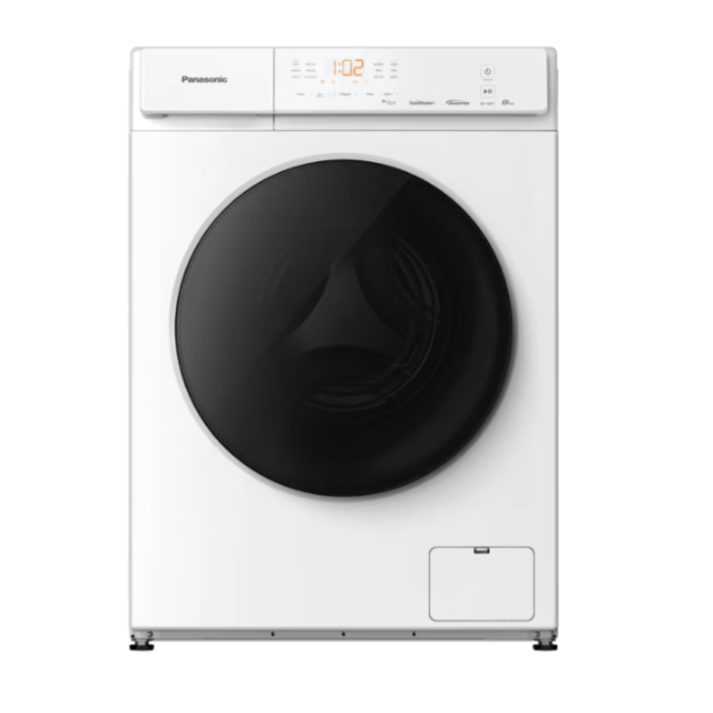 White Panasonic washing machine with black drum on a white background