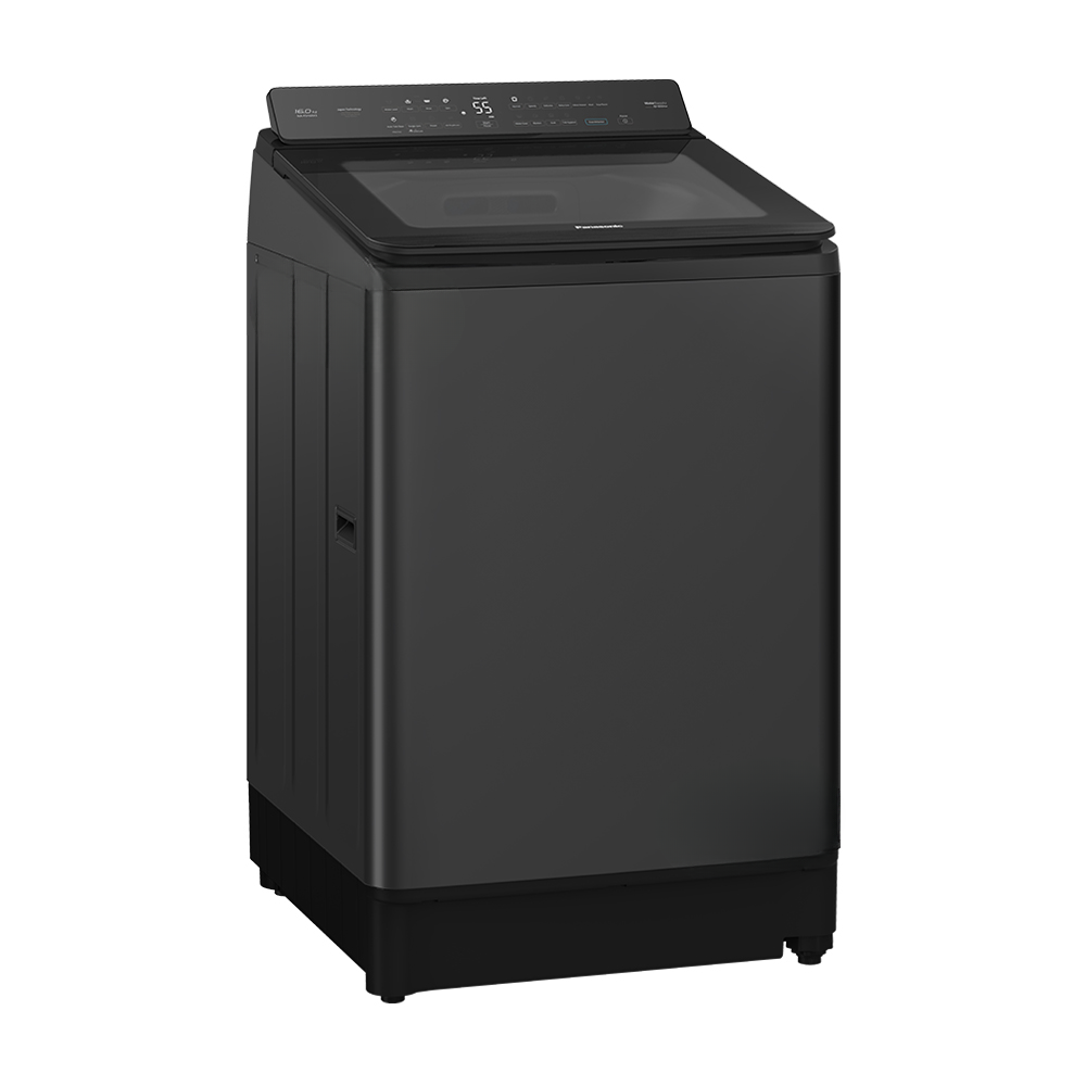 Black top-loading washing machine on a white background