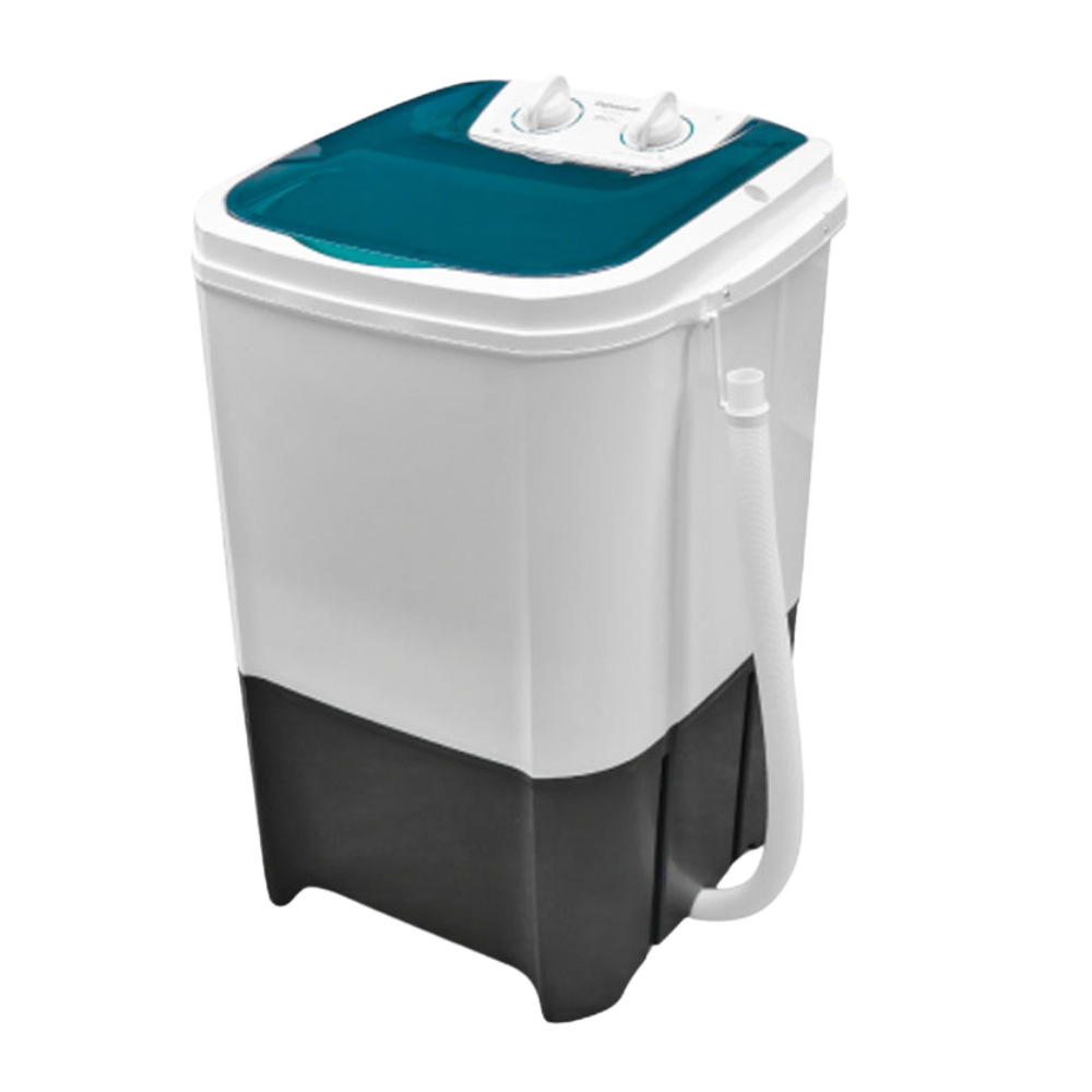 Portable washing machine with teal top and black base on a white background