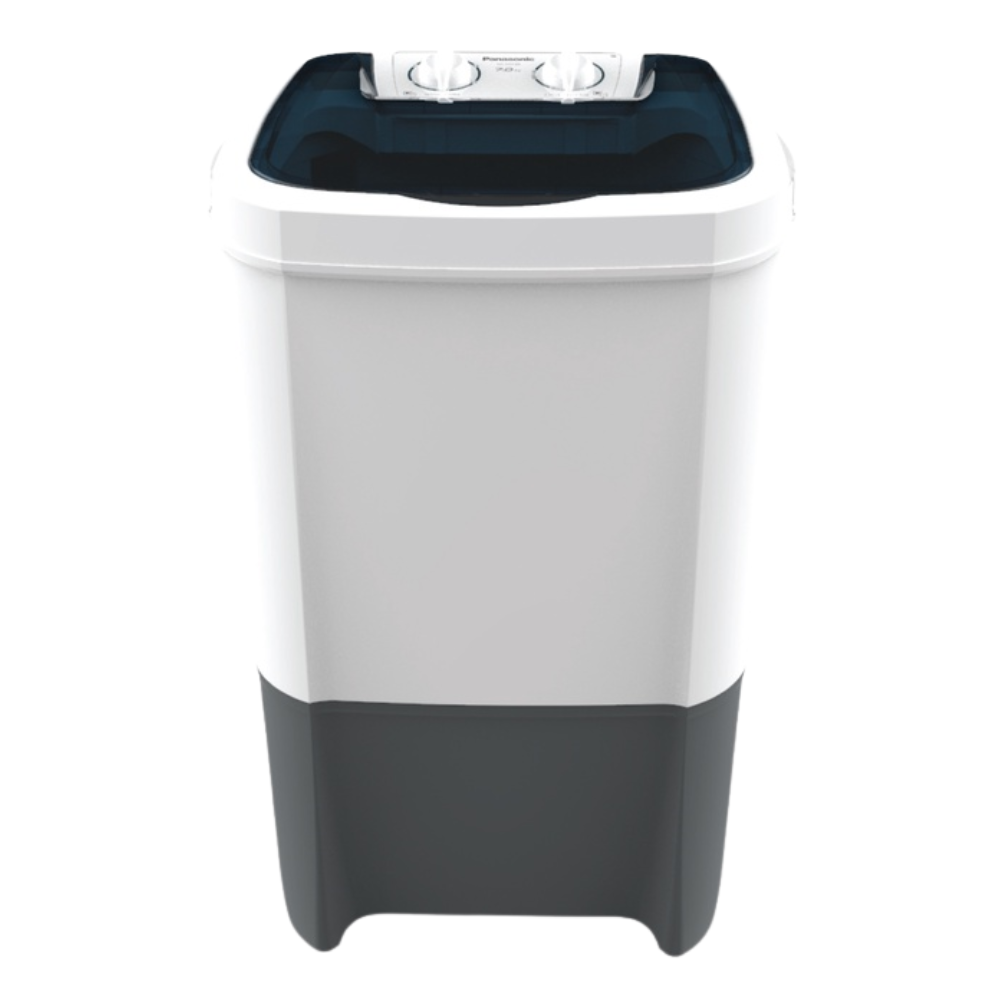 White and gray laundry basket with blue top on a white background