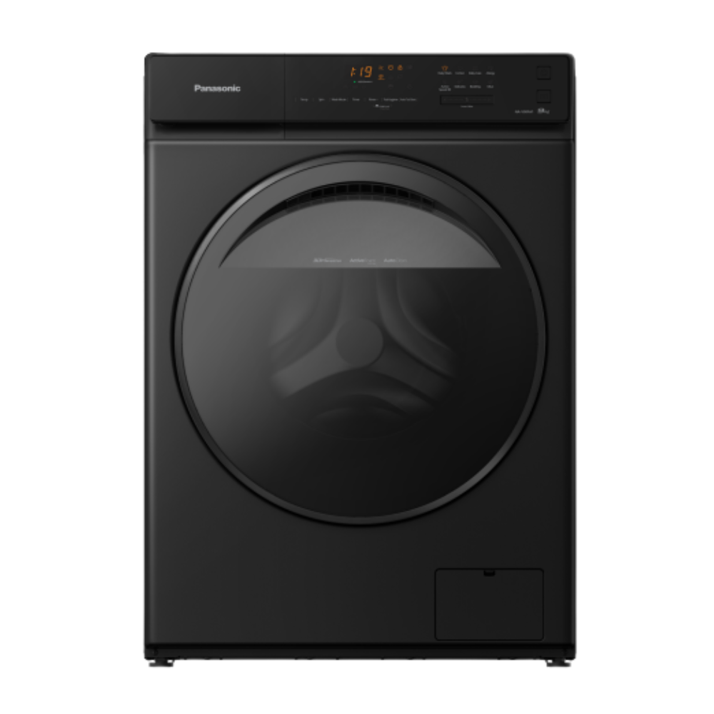 Black dryer with digital display on a white background