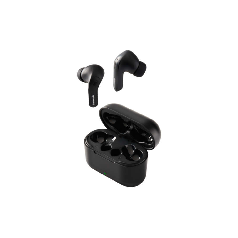 Black wireless earbuds with charging case on a white background