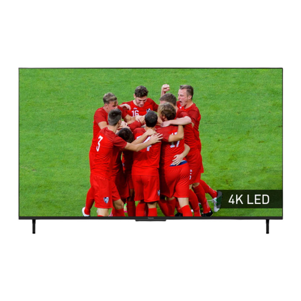 TV displaying a soccer team in red uniforms celebrating on a green field with '4K LED' text.
