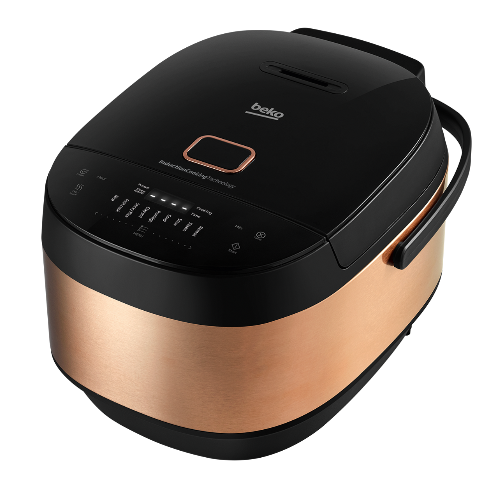 Beko rice cooker with black and bronze design on a white background
