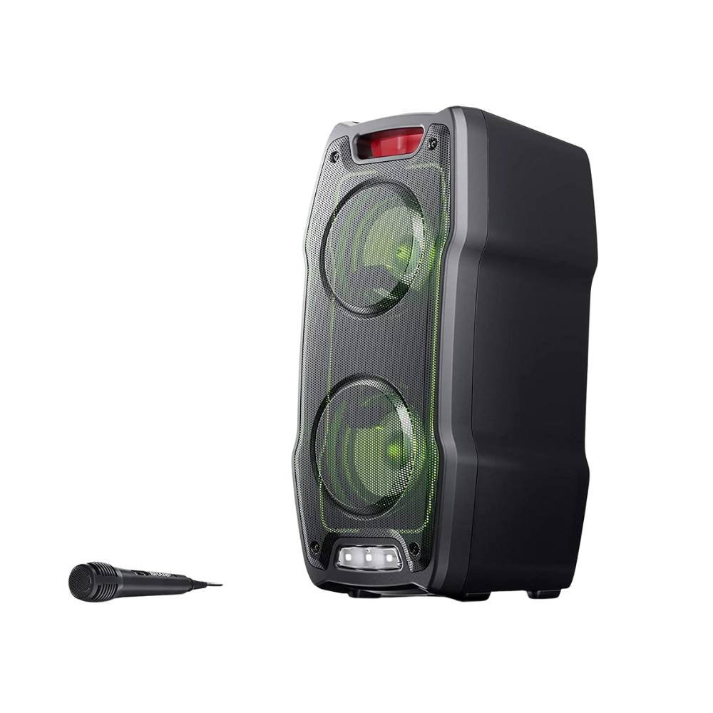 Portable speaker with microphone on a white background