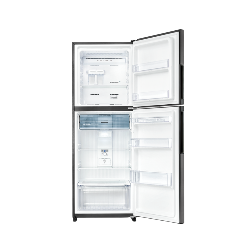 Open refrigerator with black frame on a white background