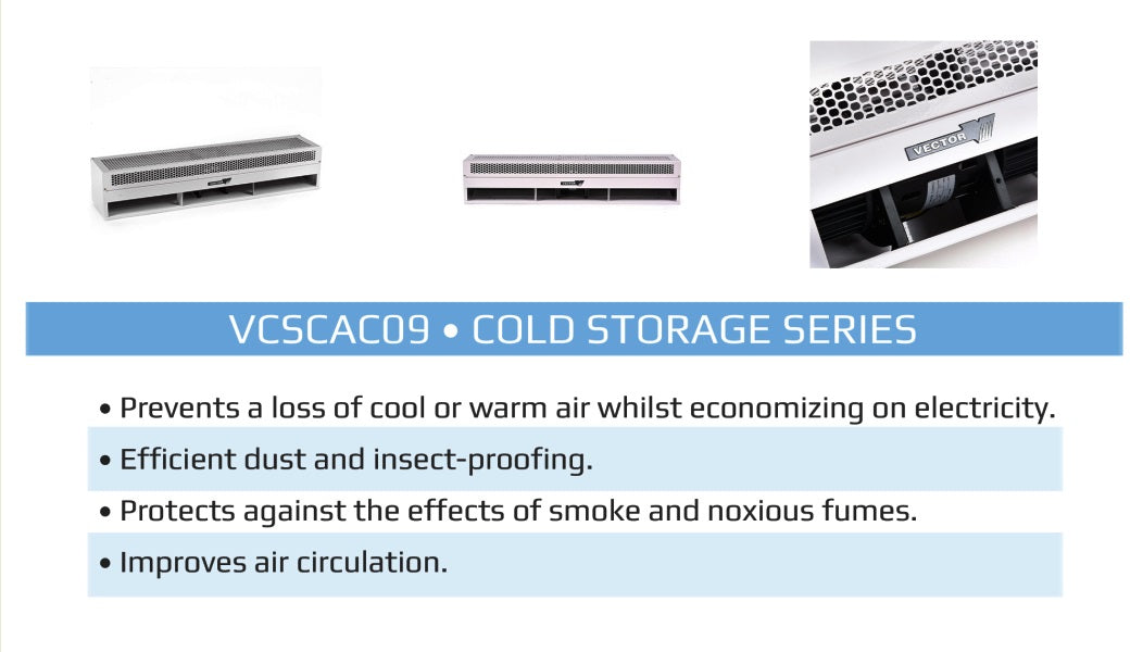 Cold storage series air conditioning units with features listed on a white background