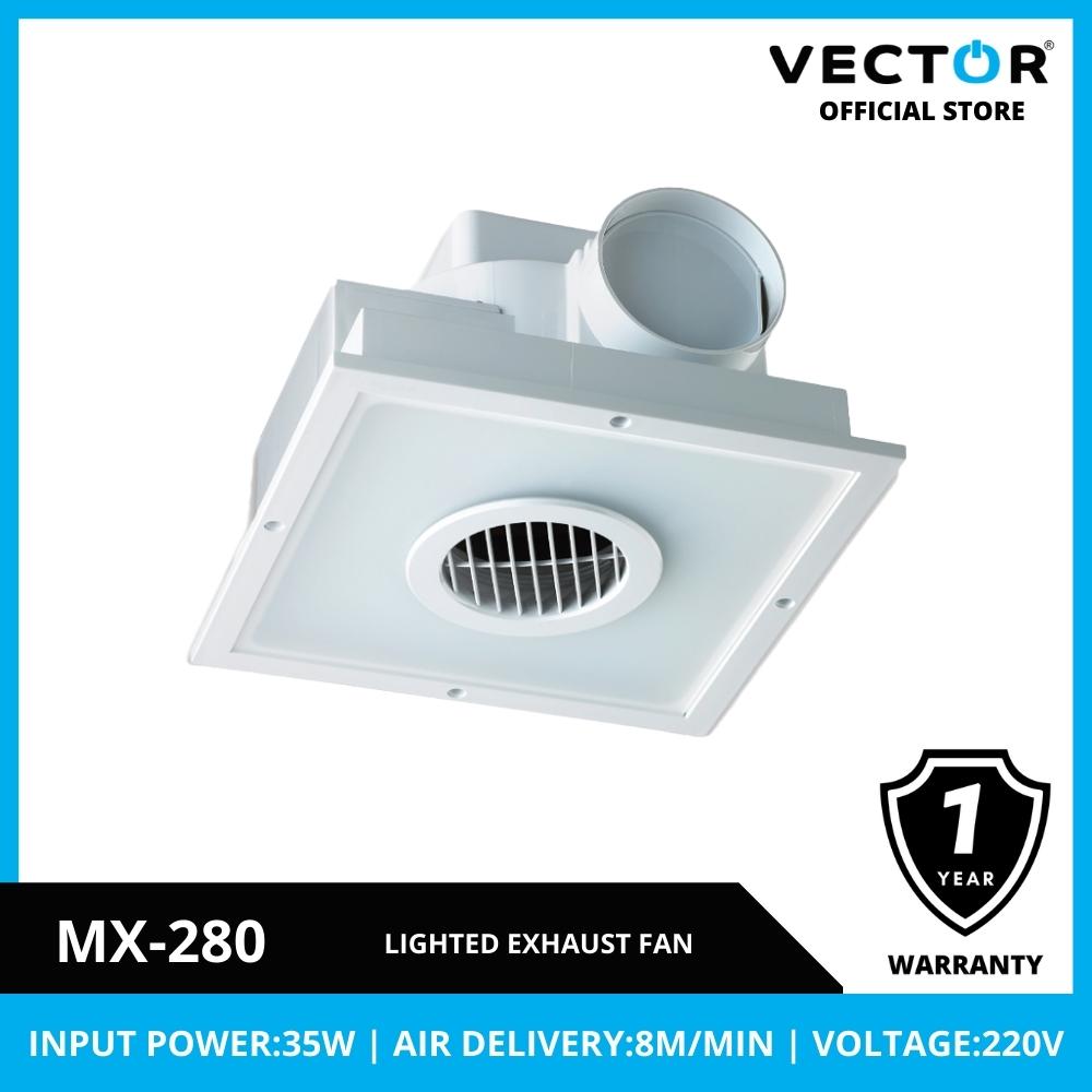 Lighted exhaust fan with Vector branding and product details on a white background